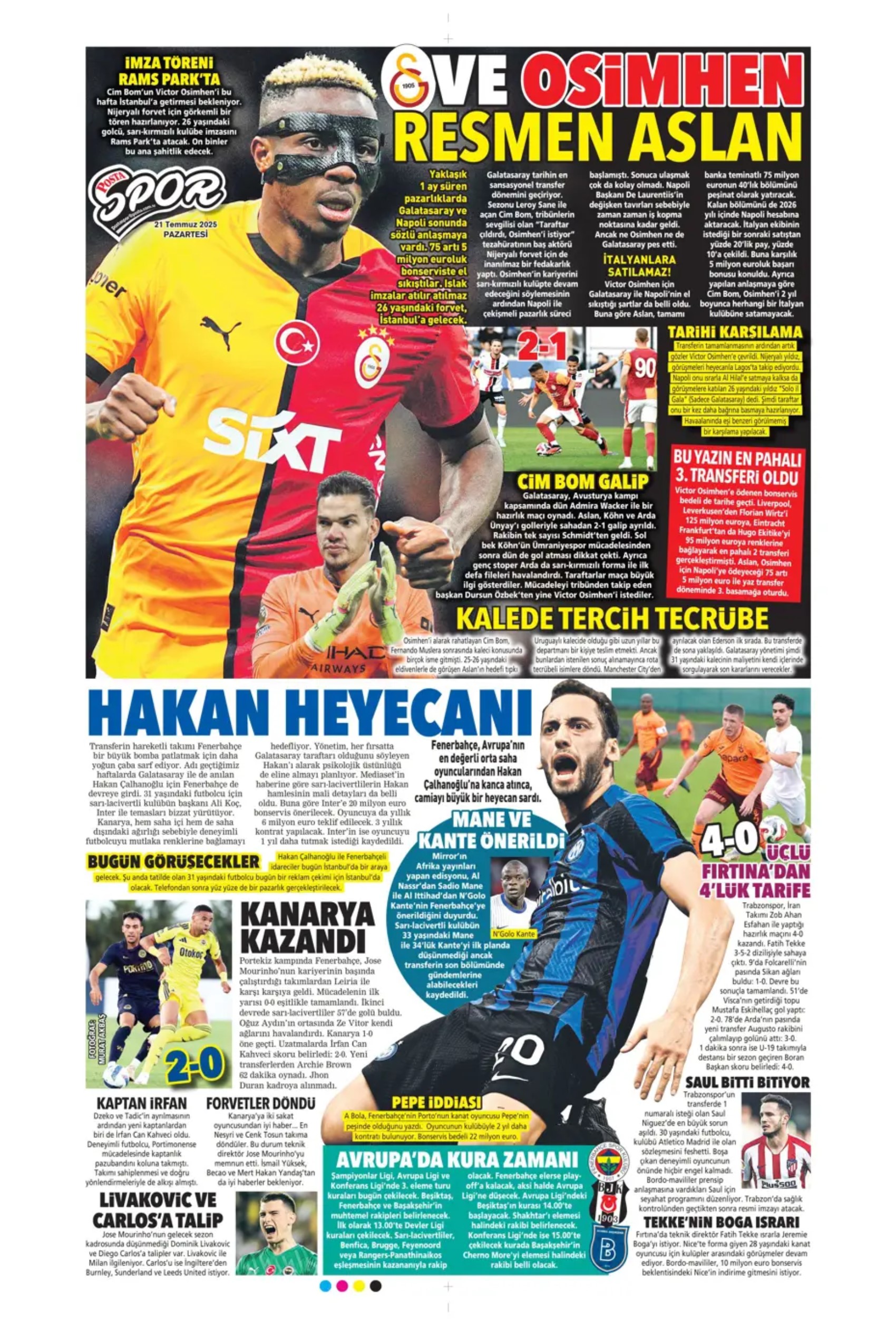Sporda günün manşetleri: Osimhen resmen Aslan: Kadıköy'ün Hakan'ı!