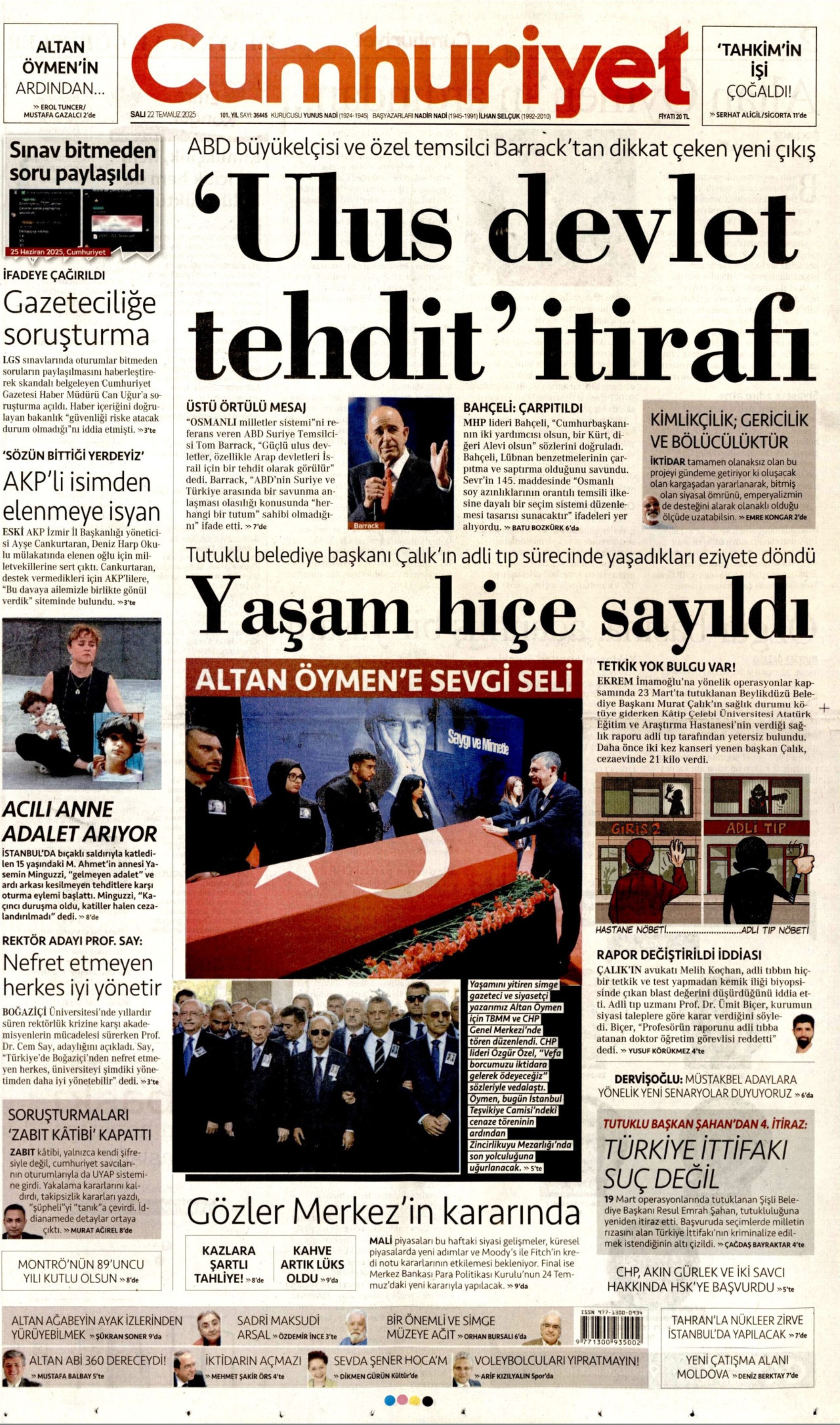 22 Temmuz 2025 gazete manşetleri