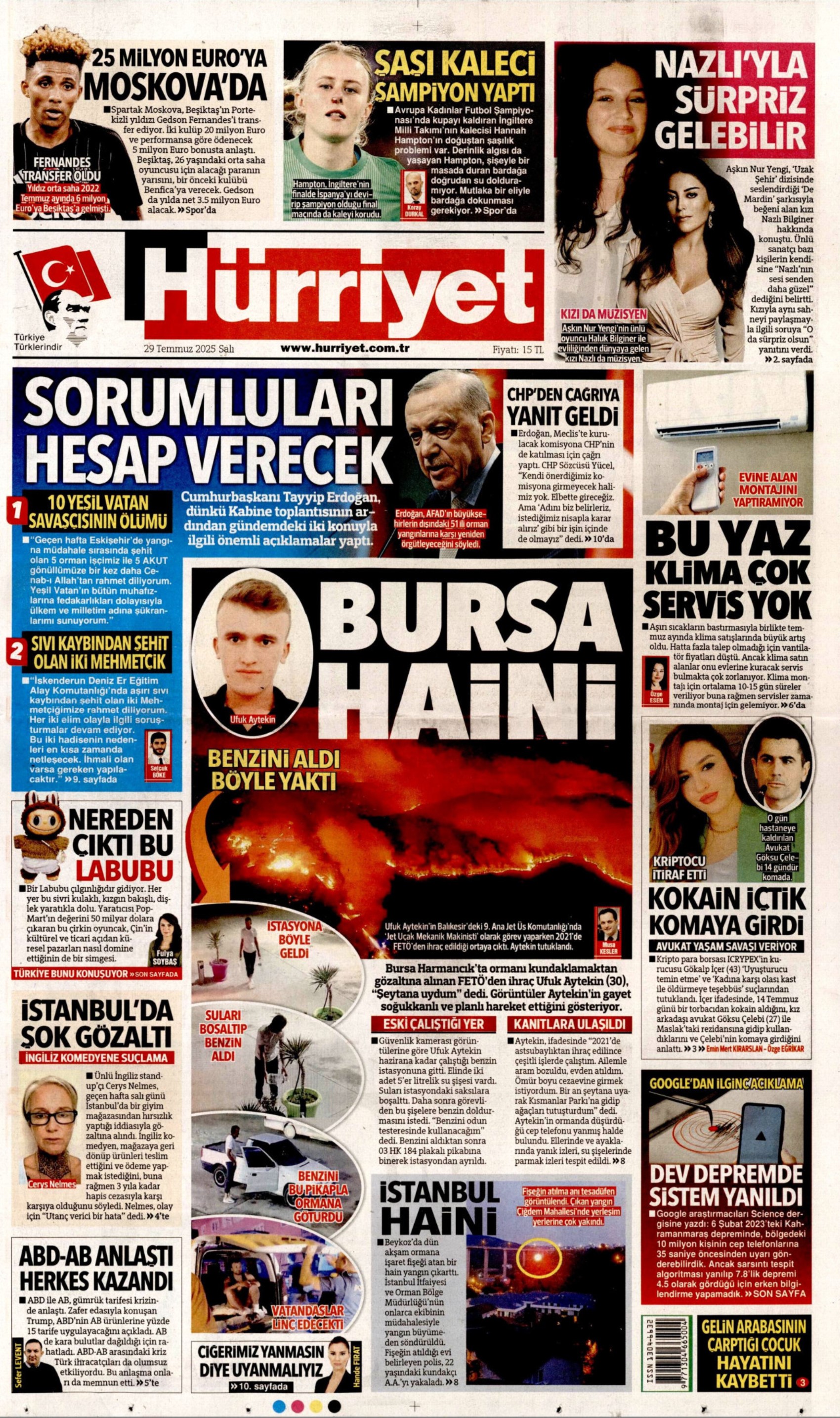 FETÖ'den ihraç edildiği ortaya çıkmıştı: Gazeteler, Bursa'yı yakan kundakçıyı nasıl gördü? (29 Temmuz Salı gazete manşetleri)