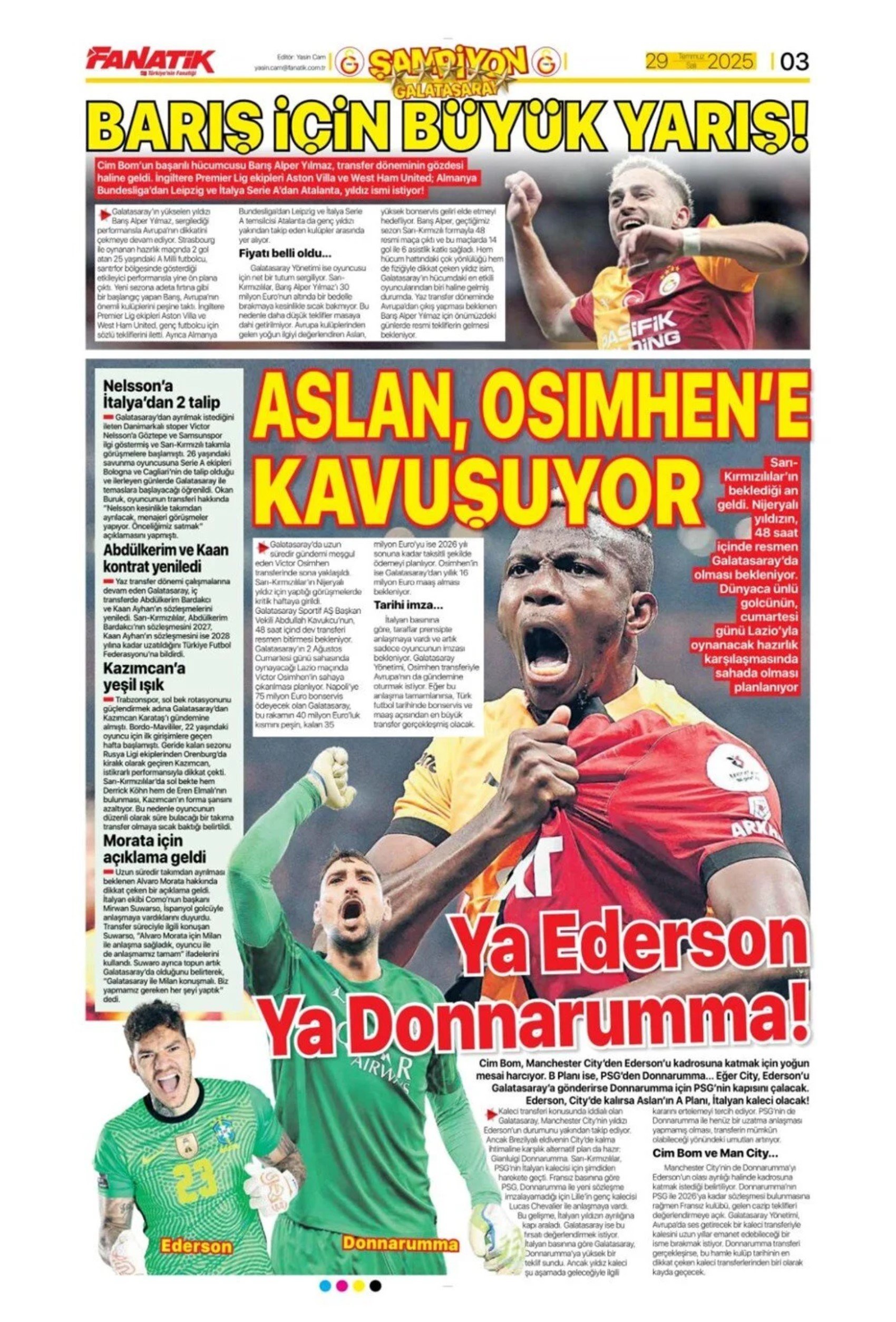 Sporda günün manşetleri... Galatasaray Donnarumma transferinde atağa kalktı: Fenerbahçe'de Douglas Luis mesaisi