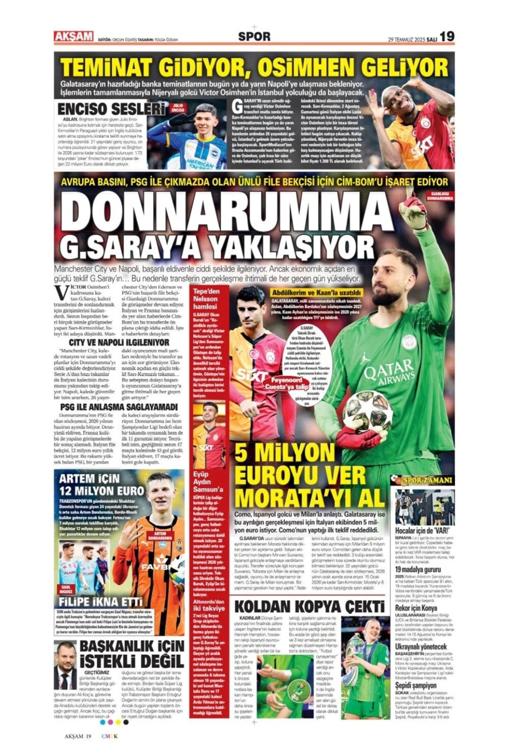 Sporda günün manşetleri... Galatasaray Donnarumma transferinde atağa kalktı: Fenerbahçe'de Douglas Luis mesaisi