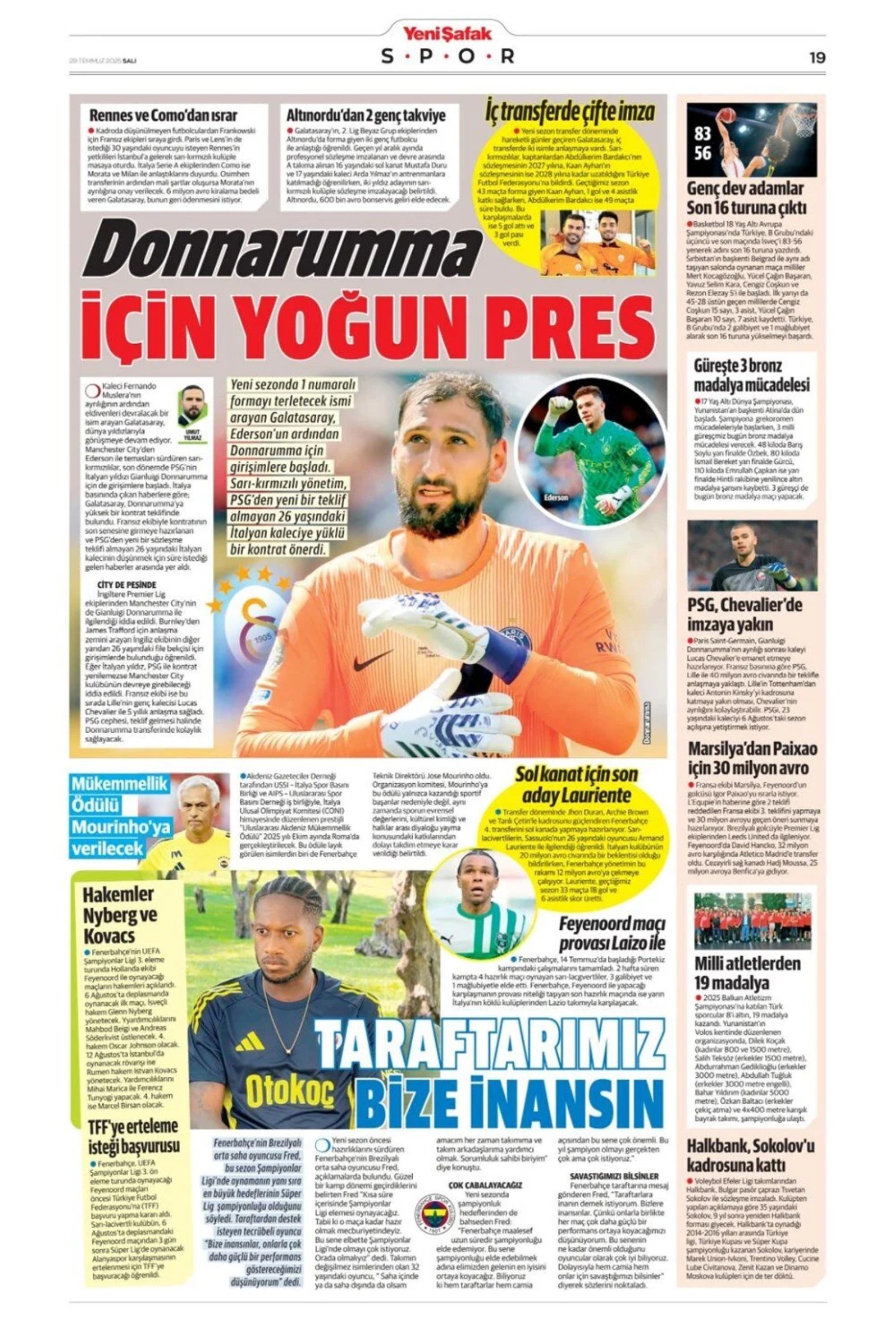 Sporda günün manşetleri... Galatasaray Donnarumma transferinde atağa kalktı: Fenerbahçe'de Douglas Luis mesaisi