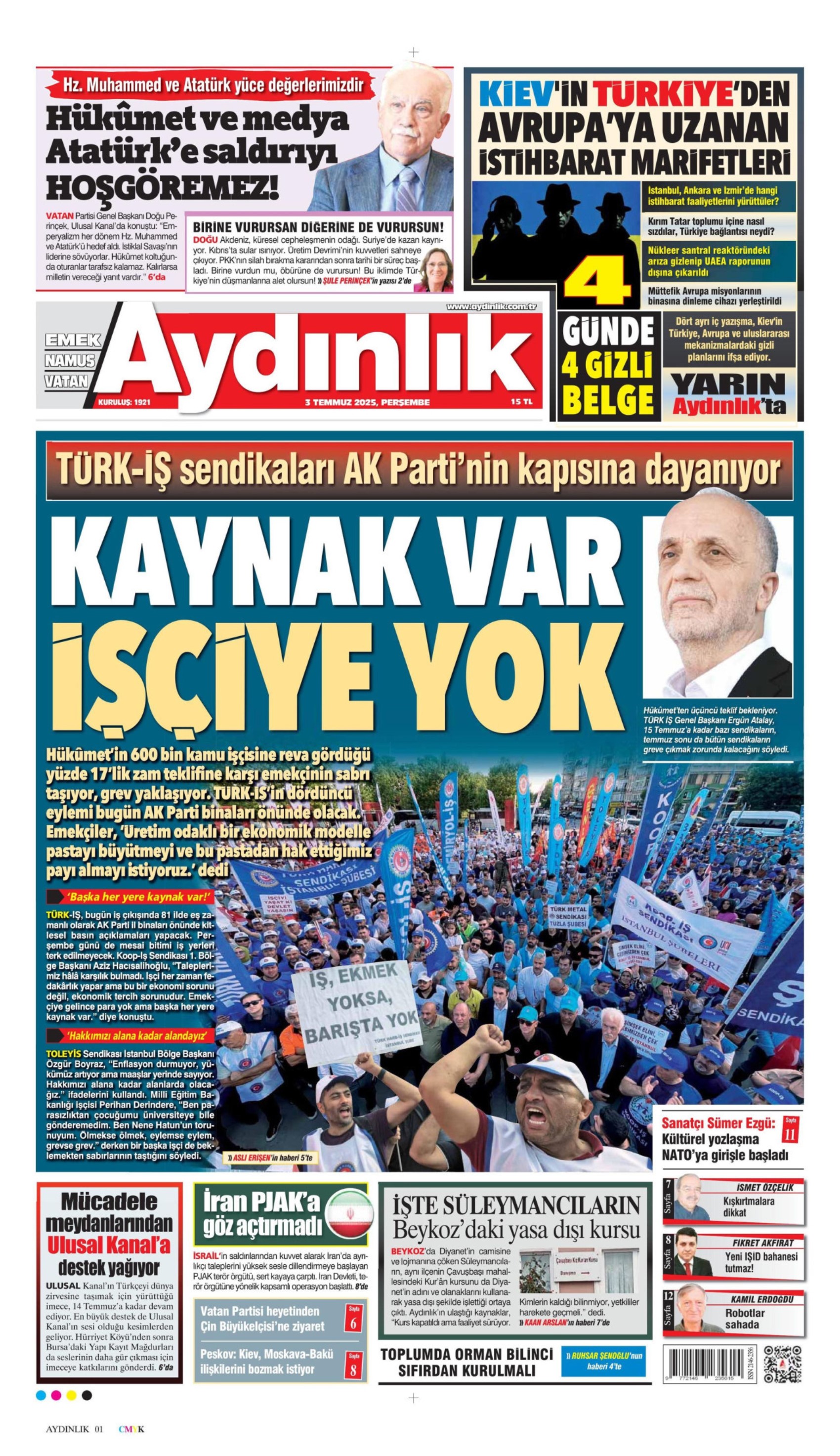 3 Temmuz gazete manşetleri: Yeni Şafak, PKK 'silahları yakacak' dedi