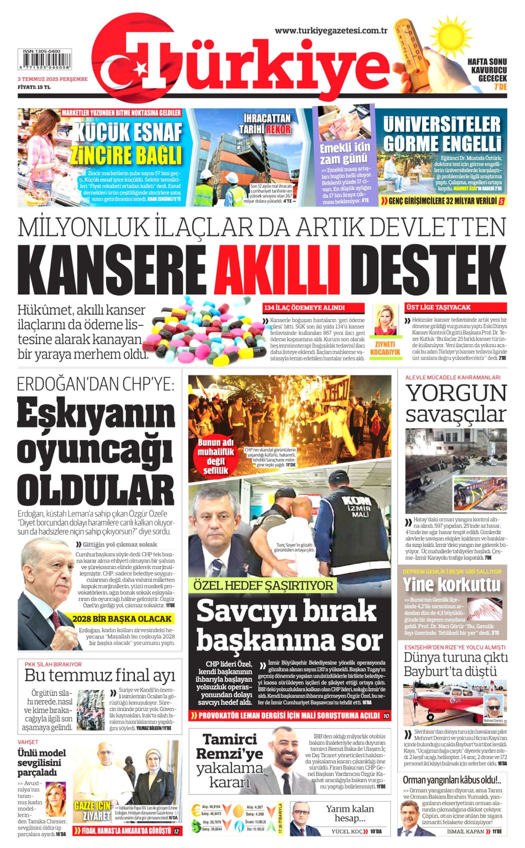 3 Temmuz gazete manşetleri: Yeni Şafak, PKK 'silahları yakacak' dedi