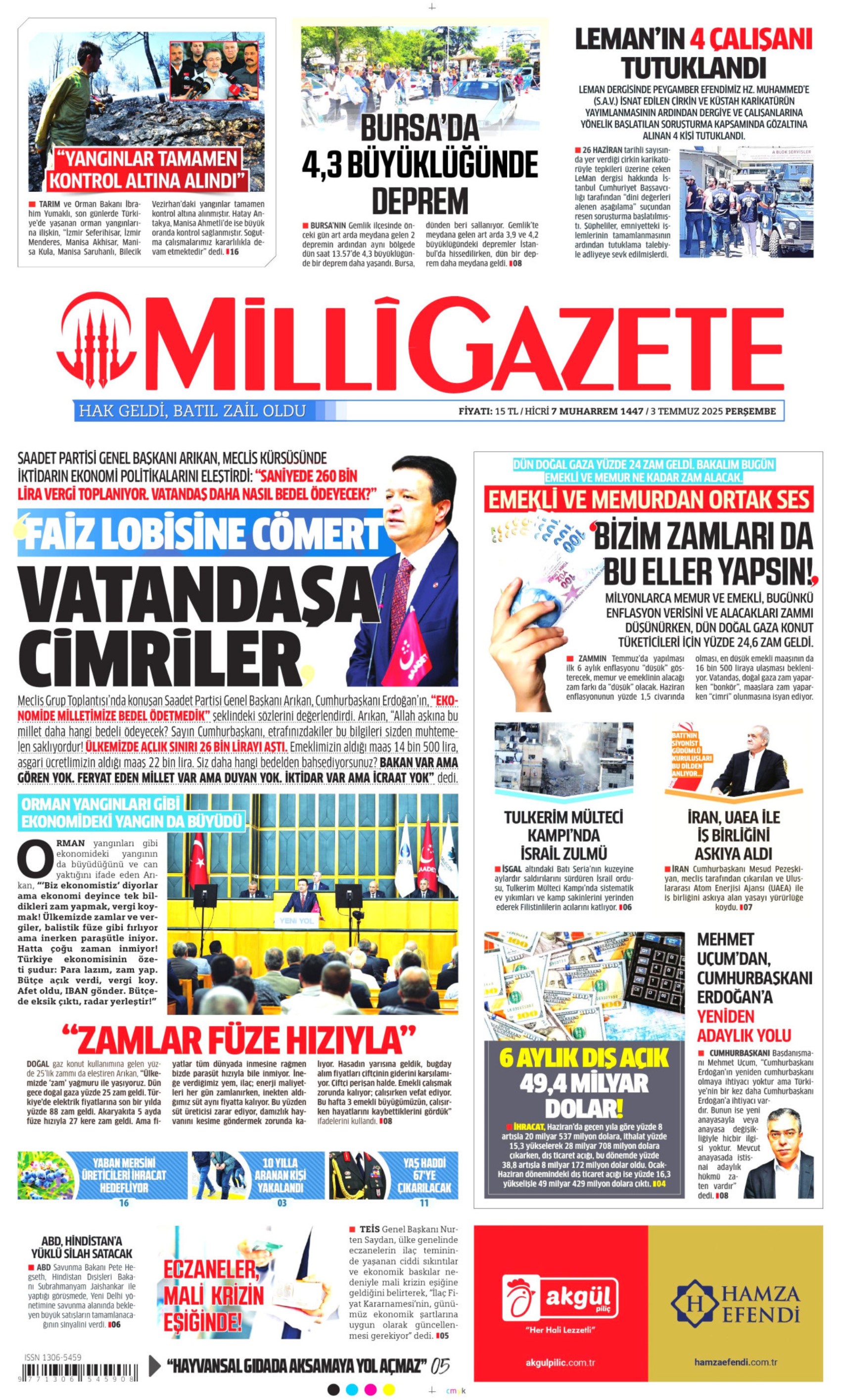 3 Temmuz gazete manşetleri: Yeni Şafak, PKK 'silahları yakacak' dedi