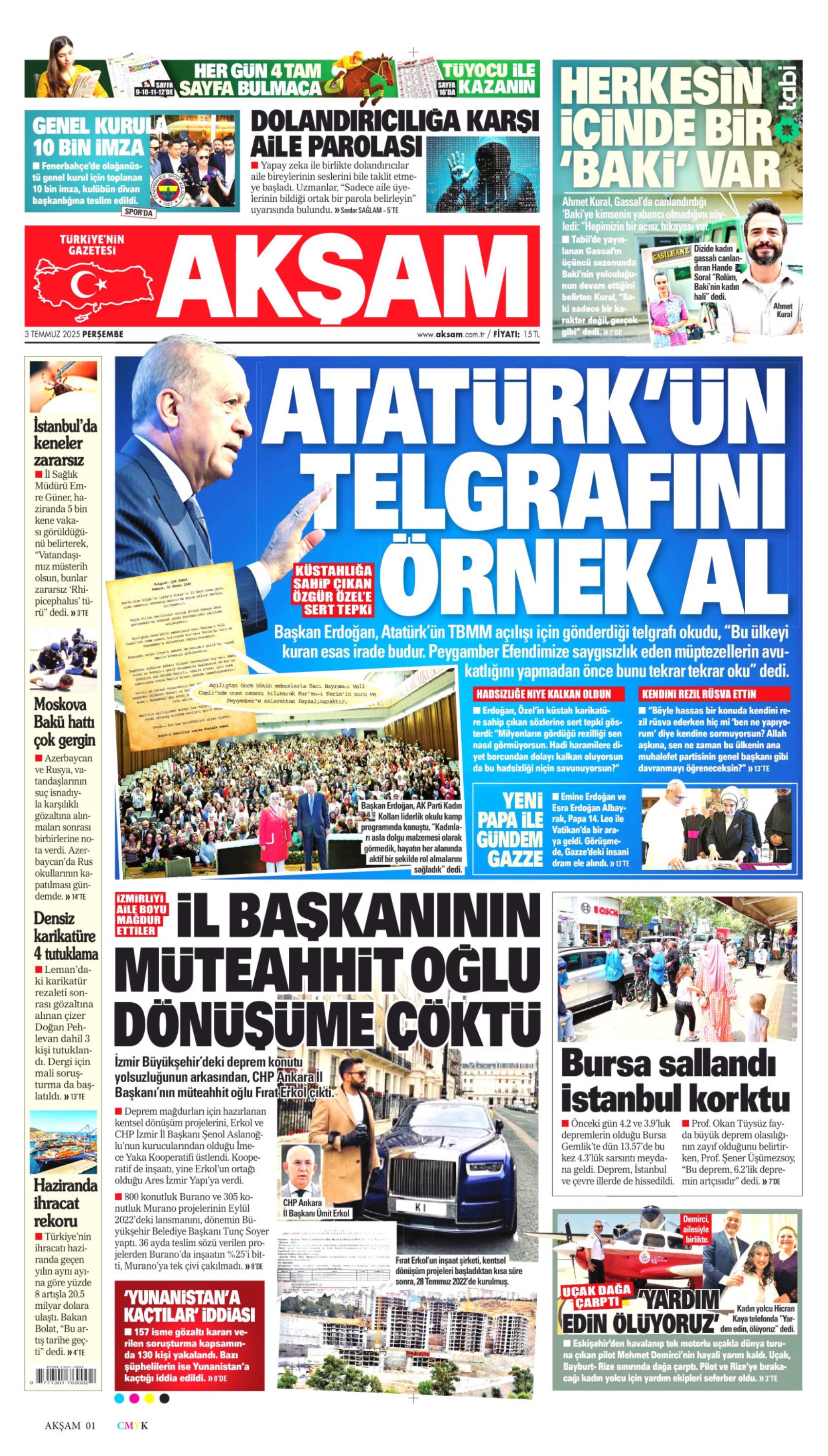 3 Temmuz gazete manşetleri: Yeni Şafak, PKK 'silahları yakacak' dedi