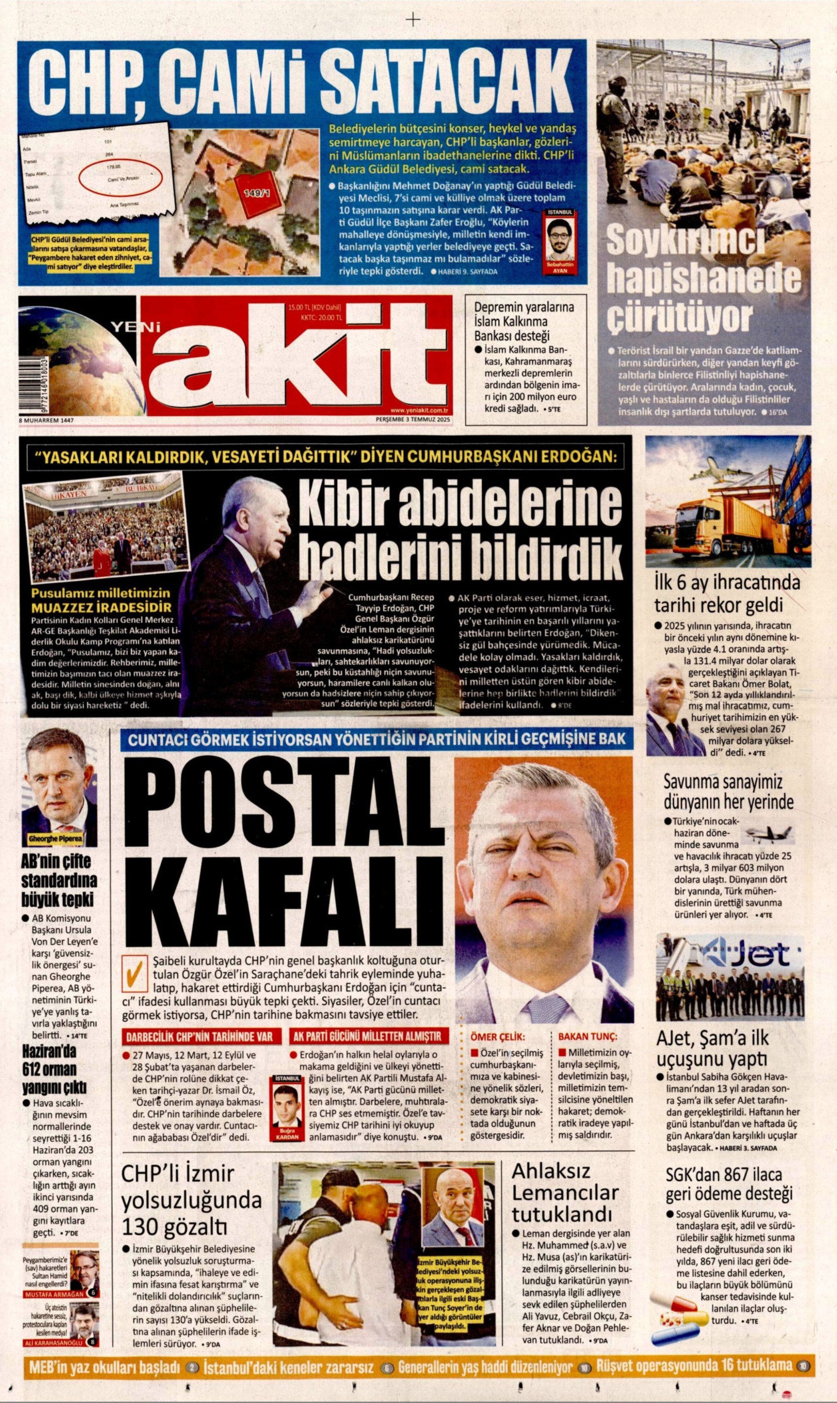 3 Temmuz gazete manşetleri: Yeni Şafak, PKK 'silahları yakacak' dedi