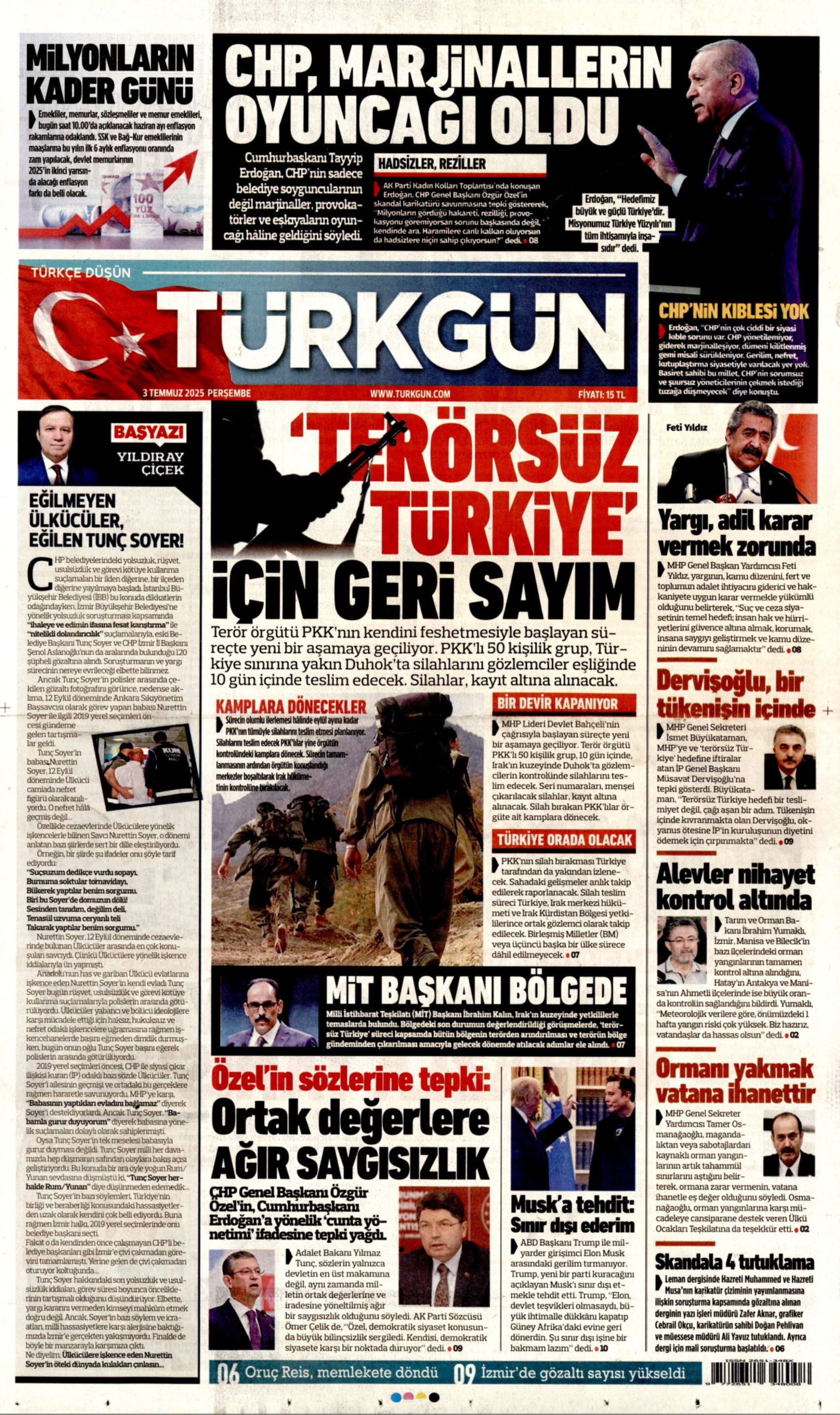 3 Temmuz gazete manşetleri: Yeni Şafak, PKK 'silahları yakacak' dedi