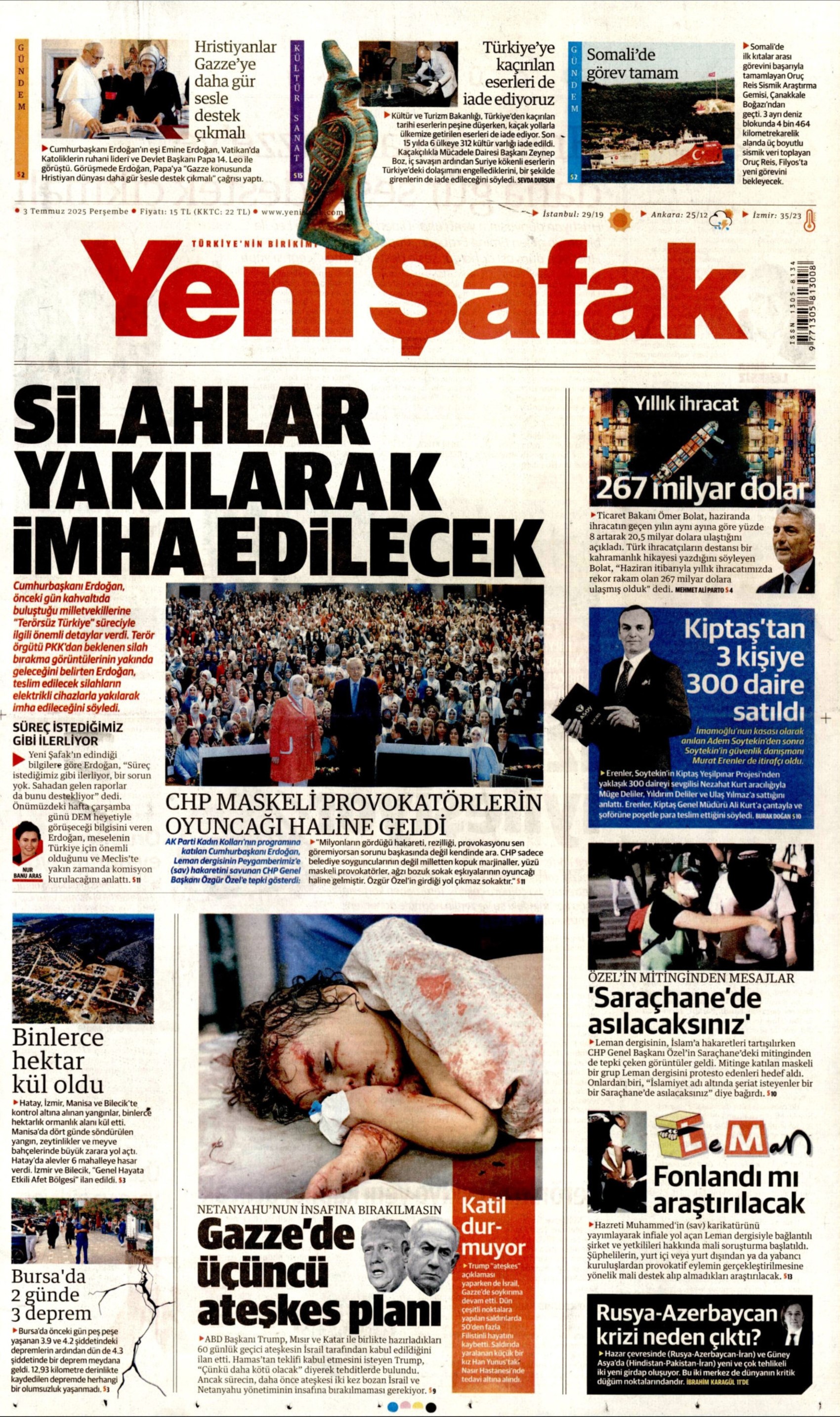 3 Temmuz gazete manşetleri: Yeni Şafak, PKK 'silahları yakacak' dedi