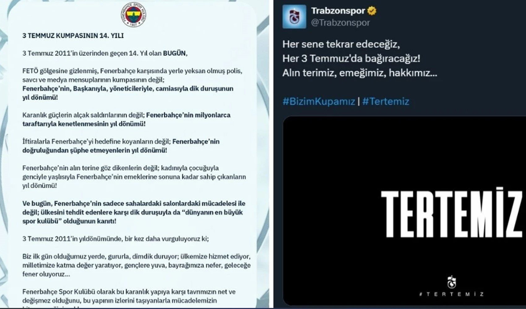 Fenerbahçe ve Trabzonspor'dan 3 Temmuz mesajları