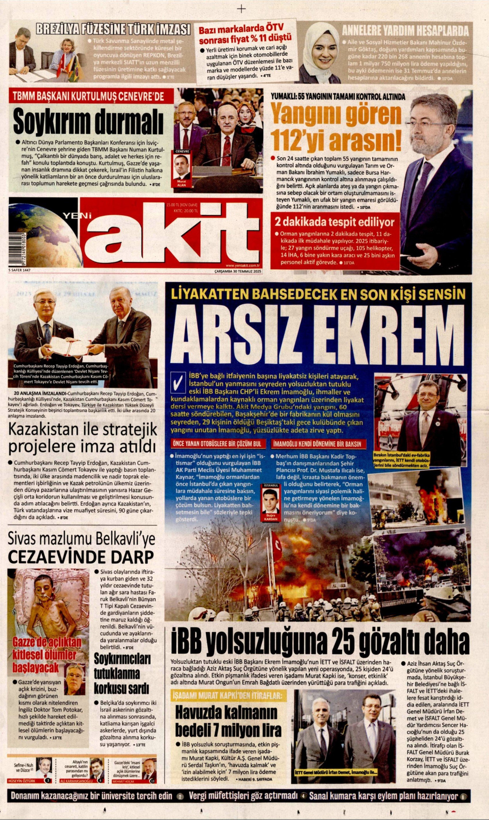 30 Temmuz 2025 gazete manşetleri