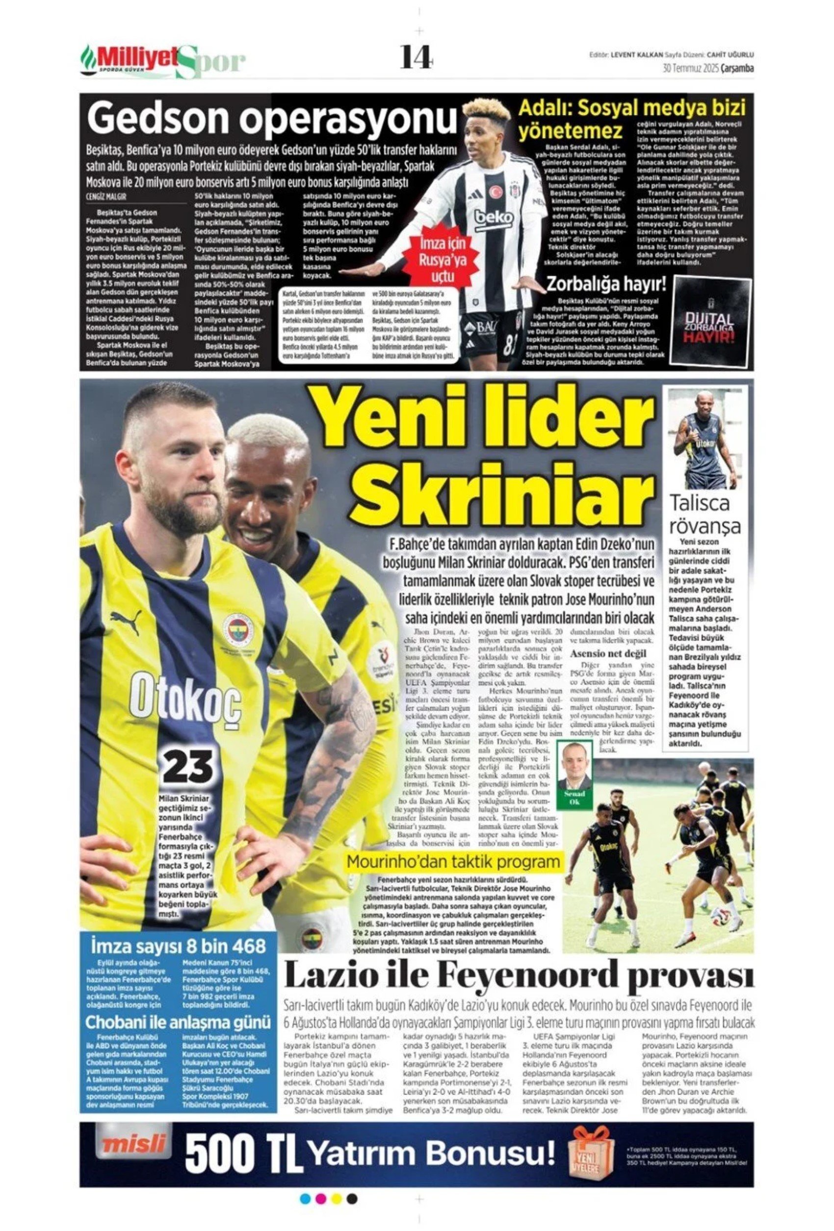 Sporda günün manşetleri... Galatasaray'da kaleci mesaisi: Ya Sergen ya Mancini