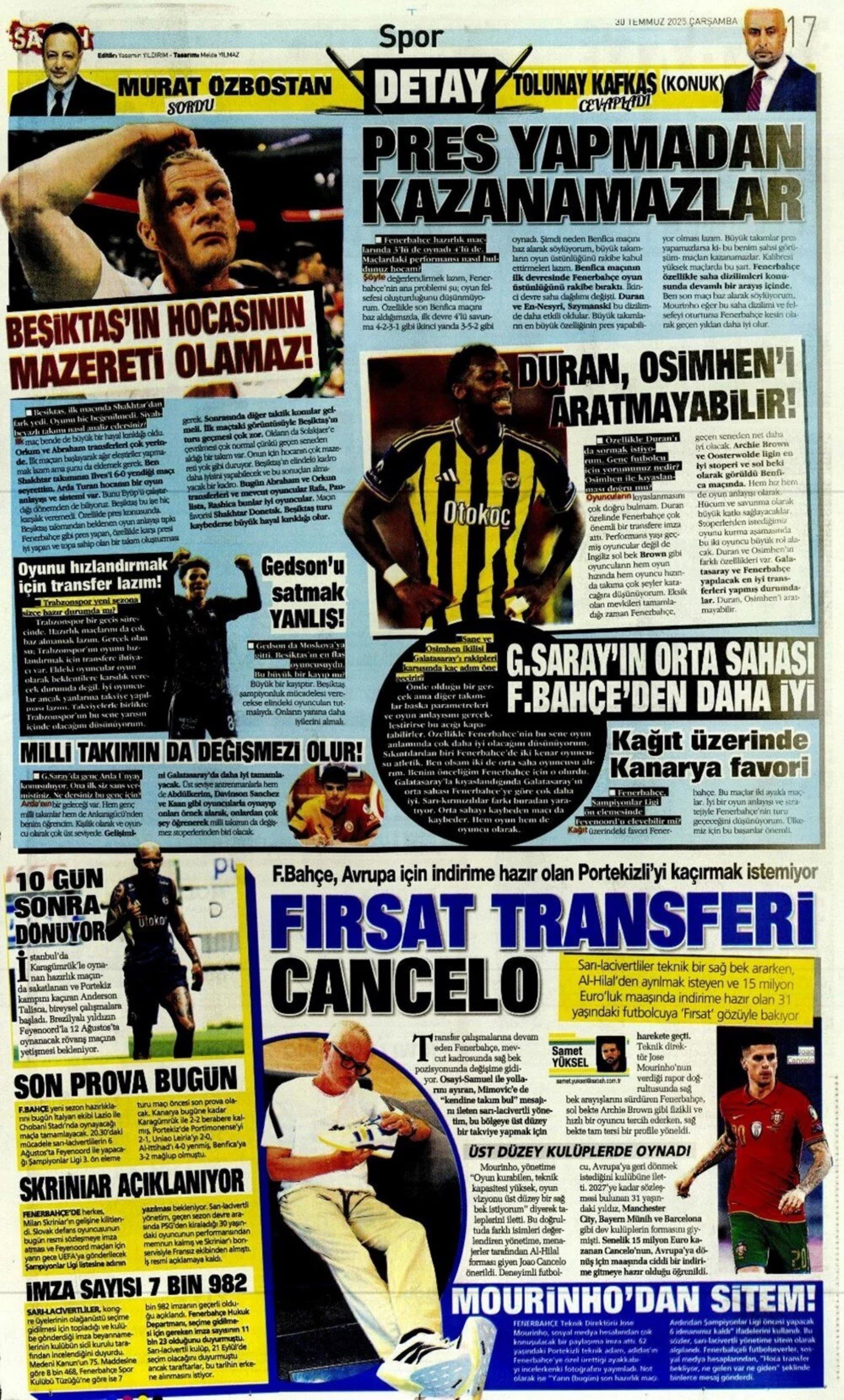 Sporda günün manşetleri... Galatasaray'da kaleci mesaisi: Ya Sergen ya Mancini