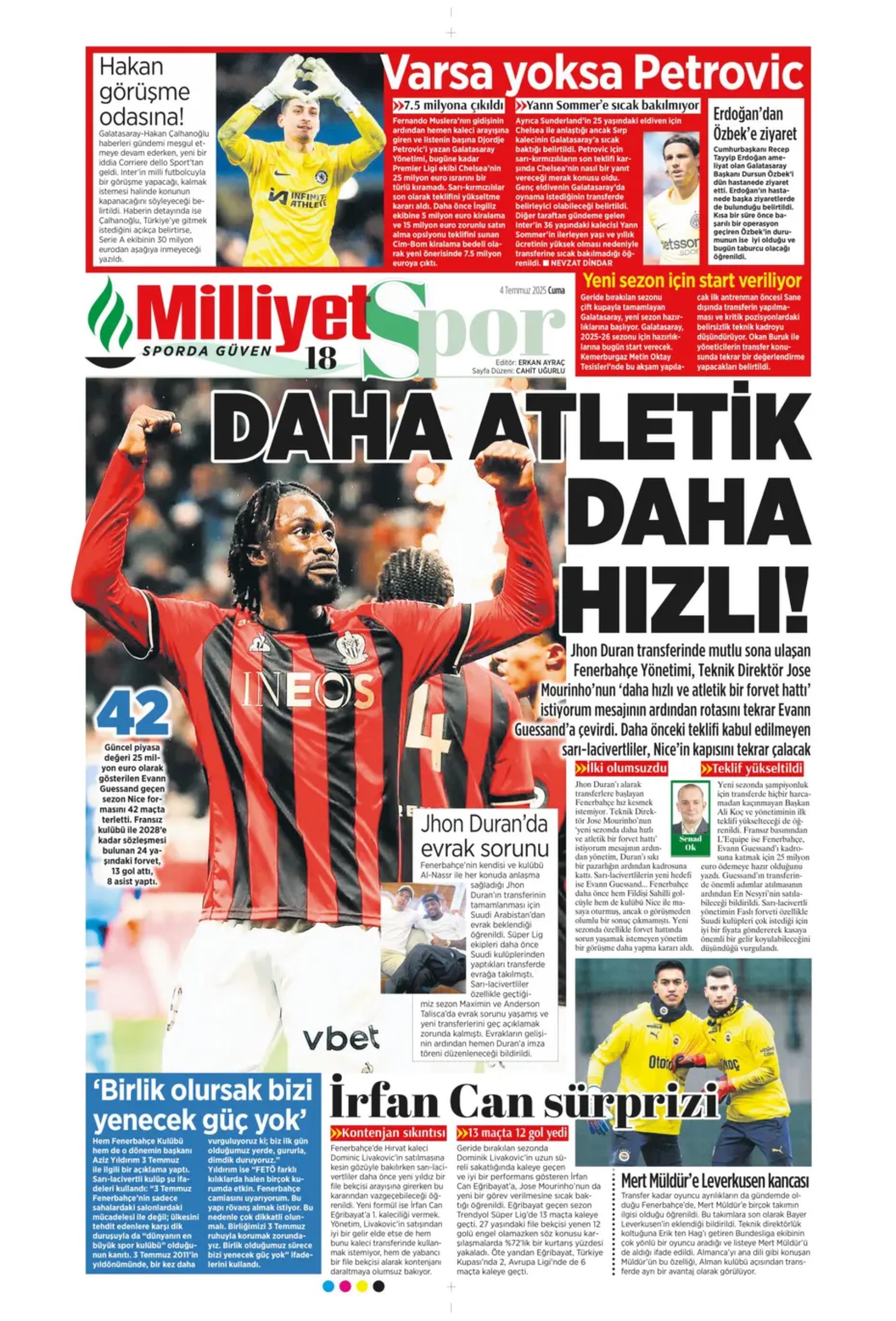 Sporda günün manşetleri... Fenerbahçe'de gündem Douglas Luiz, Galatasaray çizme'den haber bekliyor