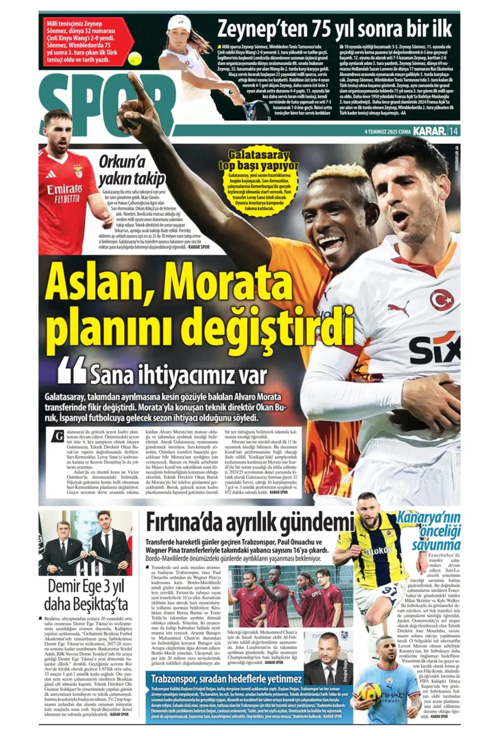 Sporda günün manşetleri... Fenerbahçe'de gündem Douglas Luiz, Galatasaray çizme'den haber bekliyor