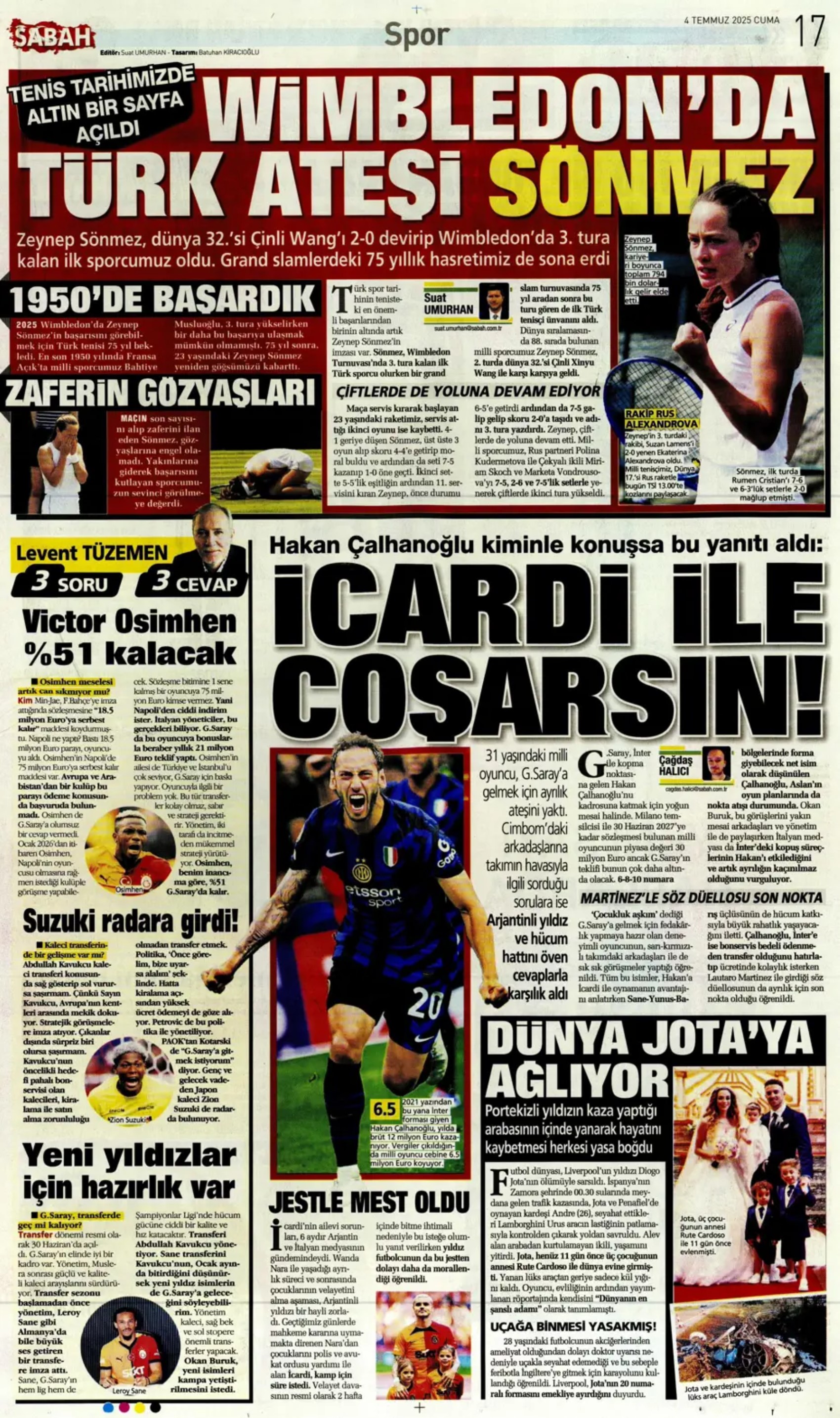 Sporda günün manşetleri... Fenerbahçe'de gündem Douglas Luiz, Galatasaray çizme'den haber bekliyor