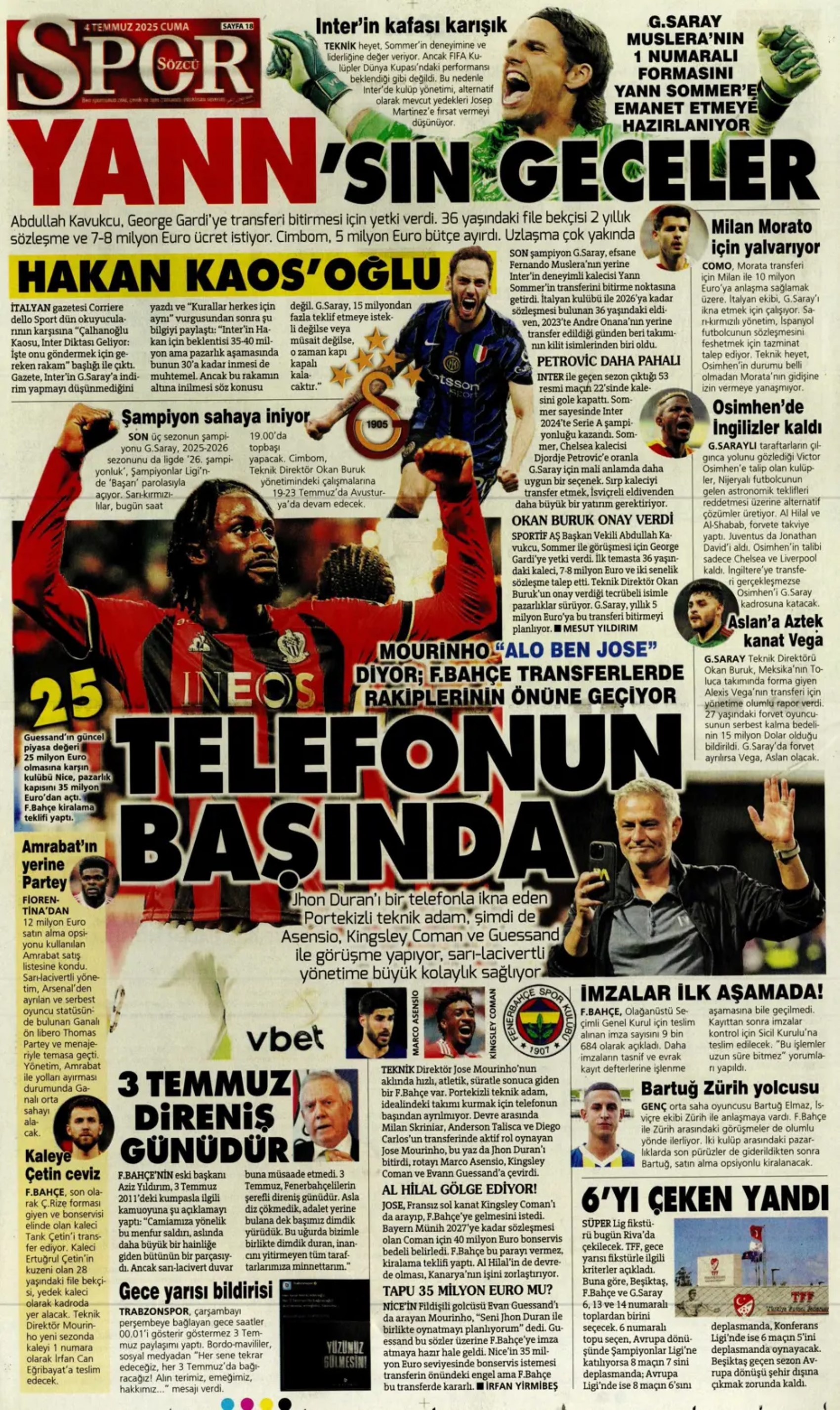 Sporda günün manşetleri... Fenerbahçe'de gündem Douglas Luiz, Galatasaray çizme'den haber bekliyor