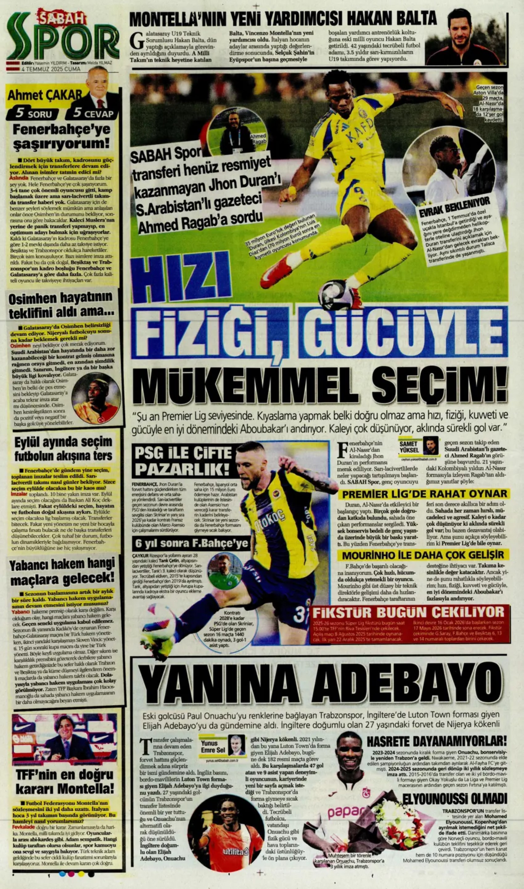 Sporda günün manşetleri... Fenerbahçe'de gündem Douglas Luiz, Galatasaray çizme'den haber bekliyor