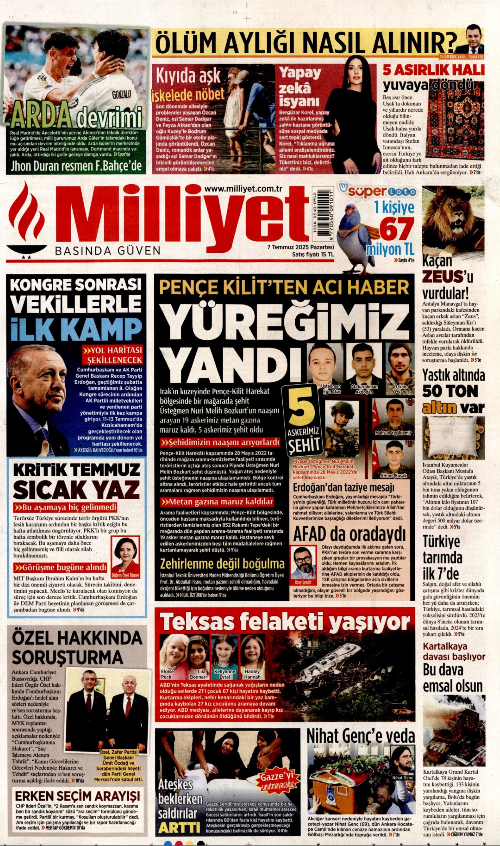 7 Temmuz 2025 gazete manşetleri