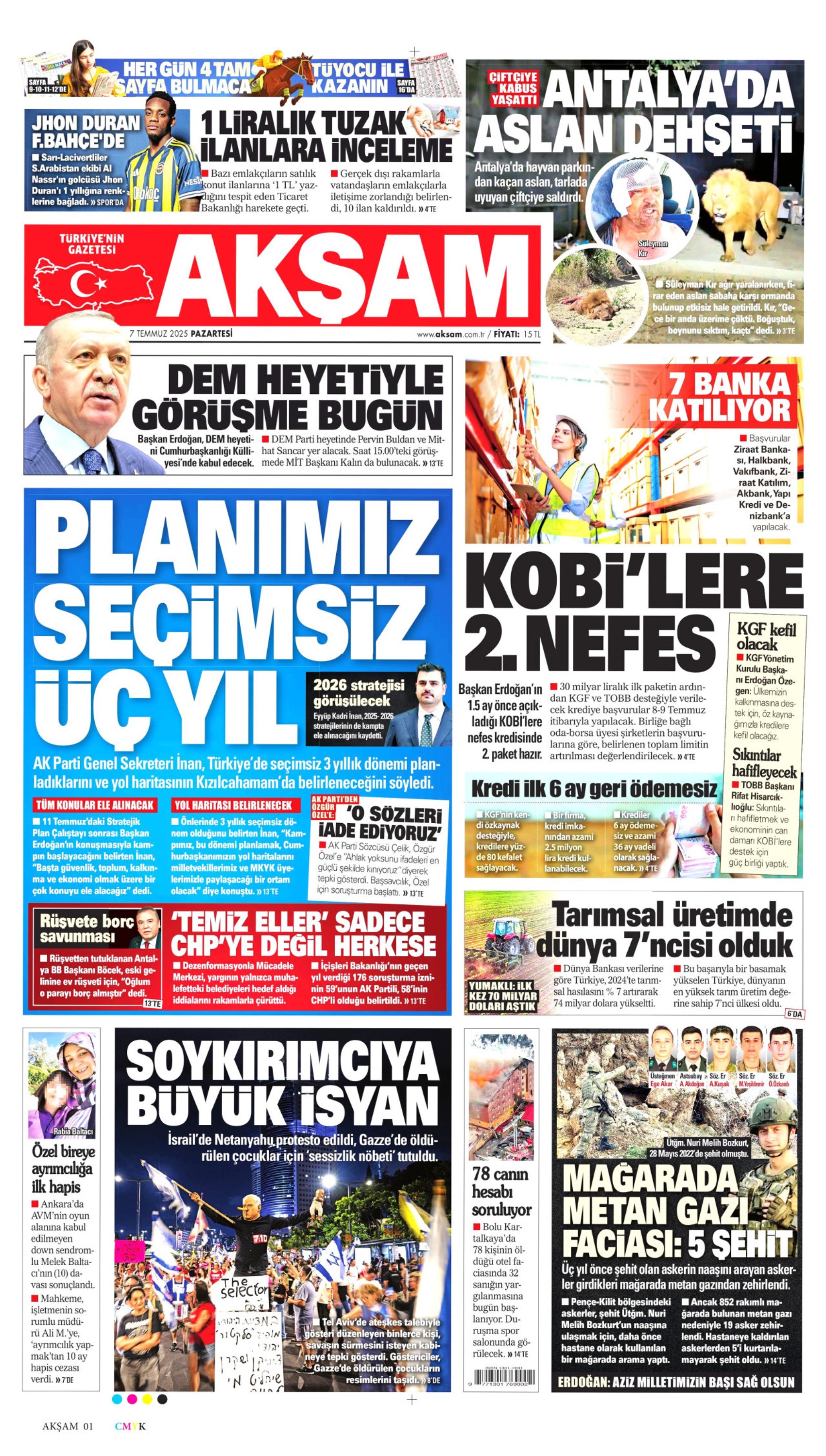 7 Temmuz 2025 gazete manşetleri