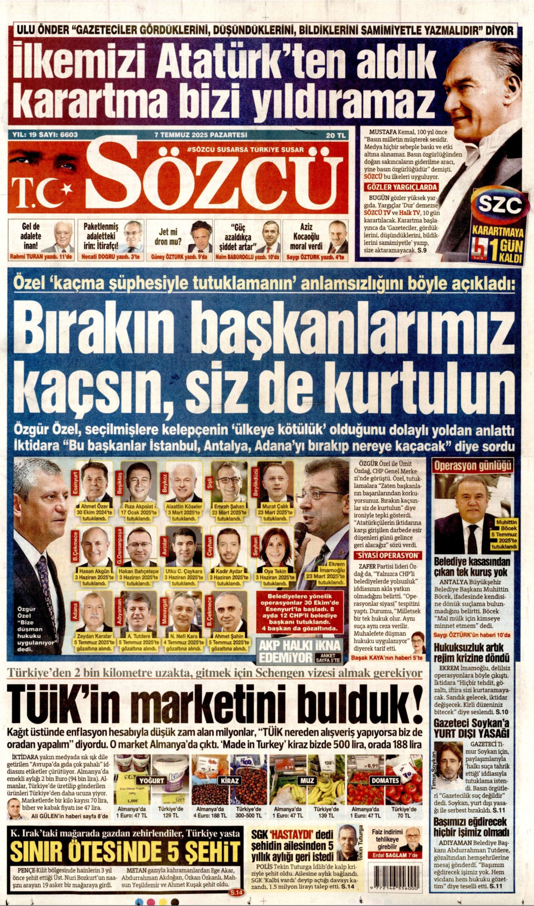 7 Temmuz 2025 gazete manşetleri
