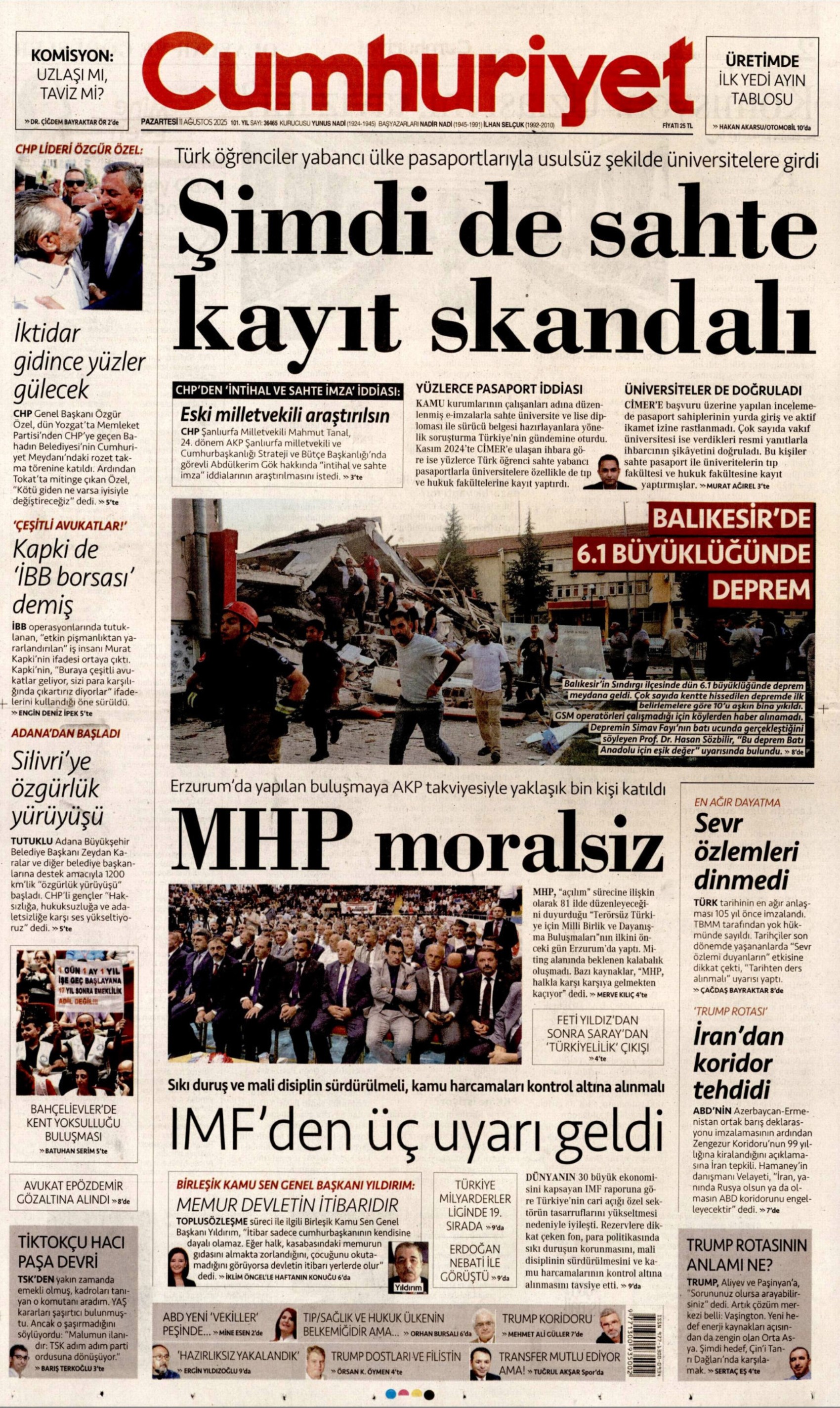 11 Ağustos 2025 gazete manşetleri: Gazeteler, Balıkesir depremini nasıl gördü?