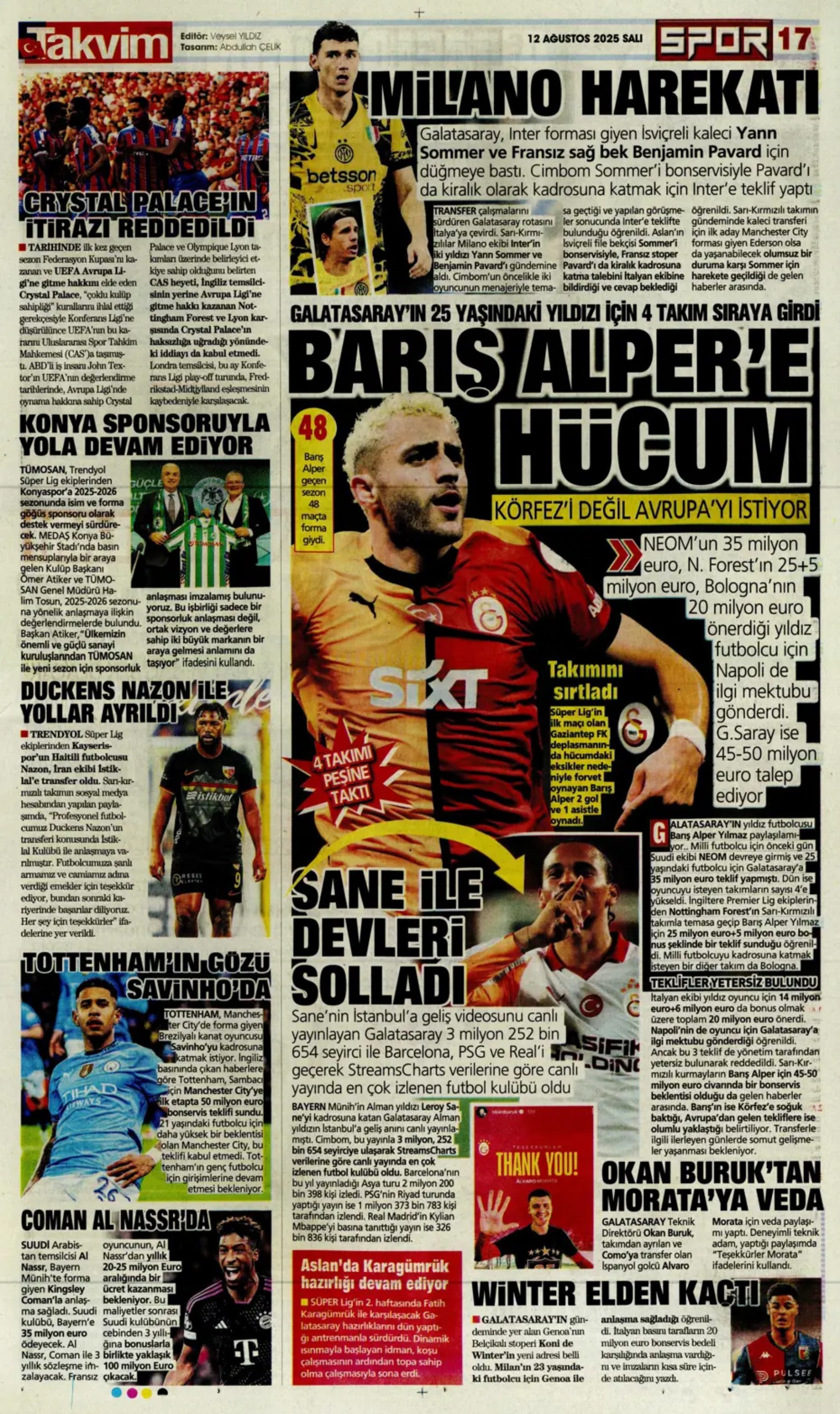 Sporda günün manşetleri... Kerem Aktürkoğlu için devreye girdi: Zinchenko geliyor!