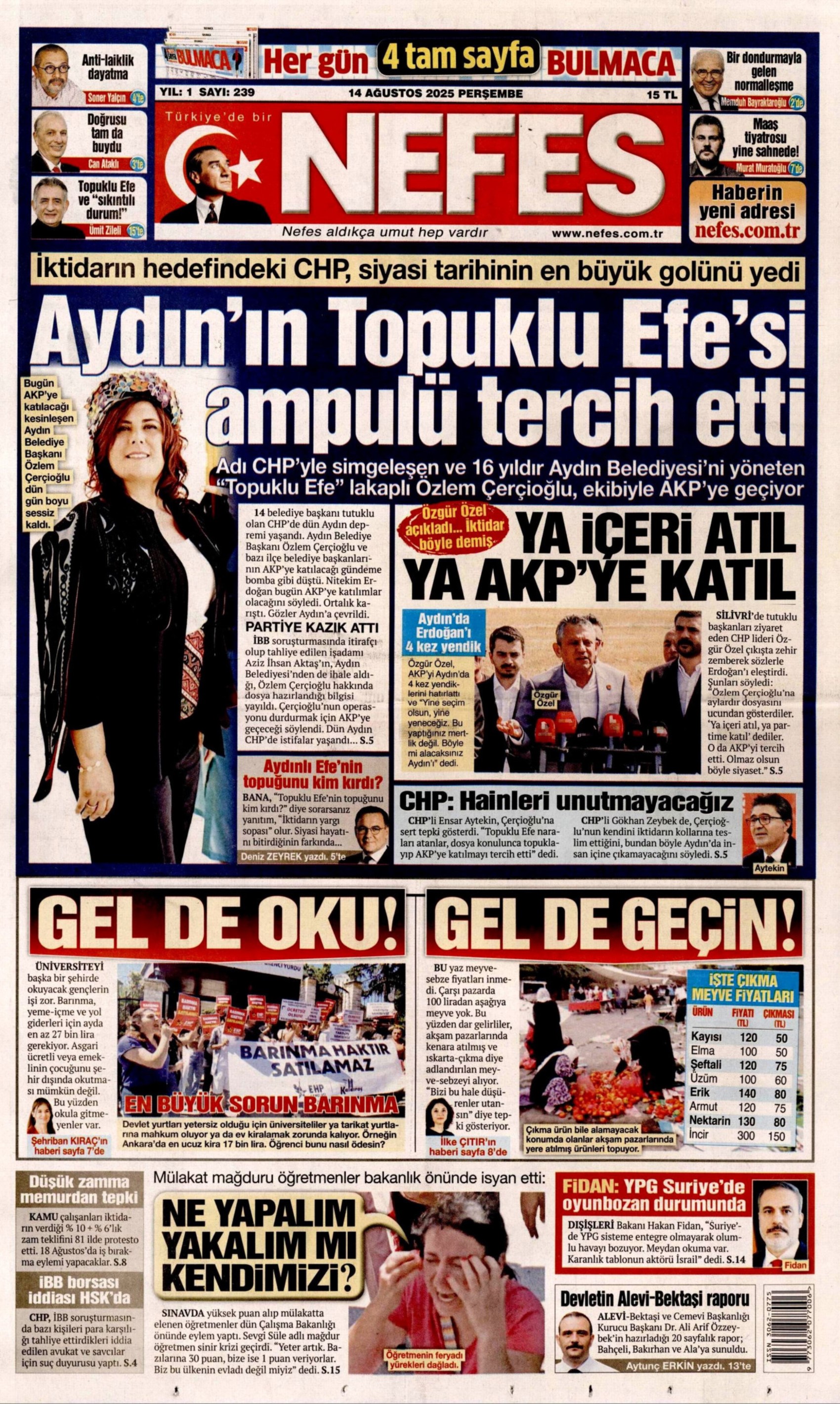 14 Ağustos 2025 gazete manşetleri: Gazeteler, Özlem Çerçioğlu'nun AKP'ye transferini nasıl gördü?