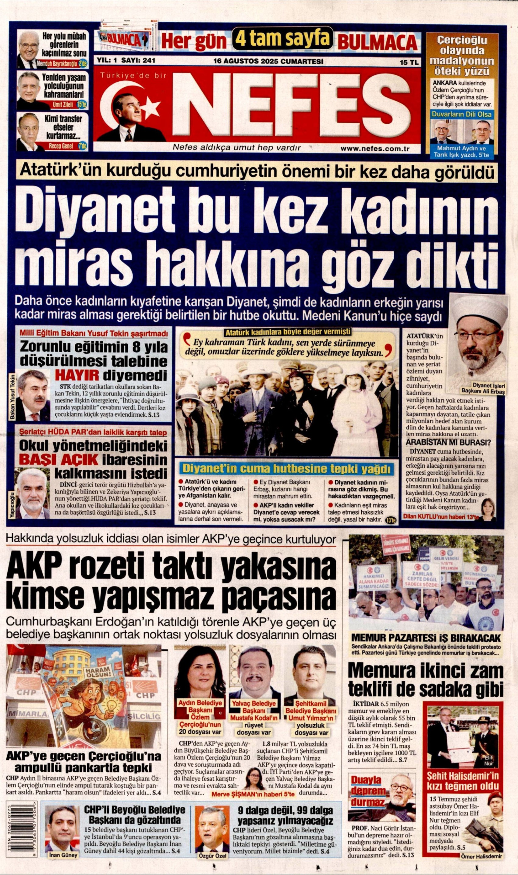 16 Ağustos 2025 gazete manşetleri