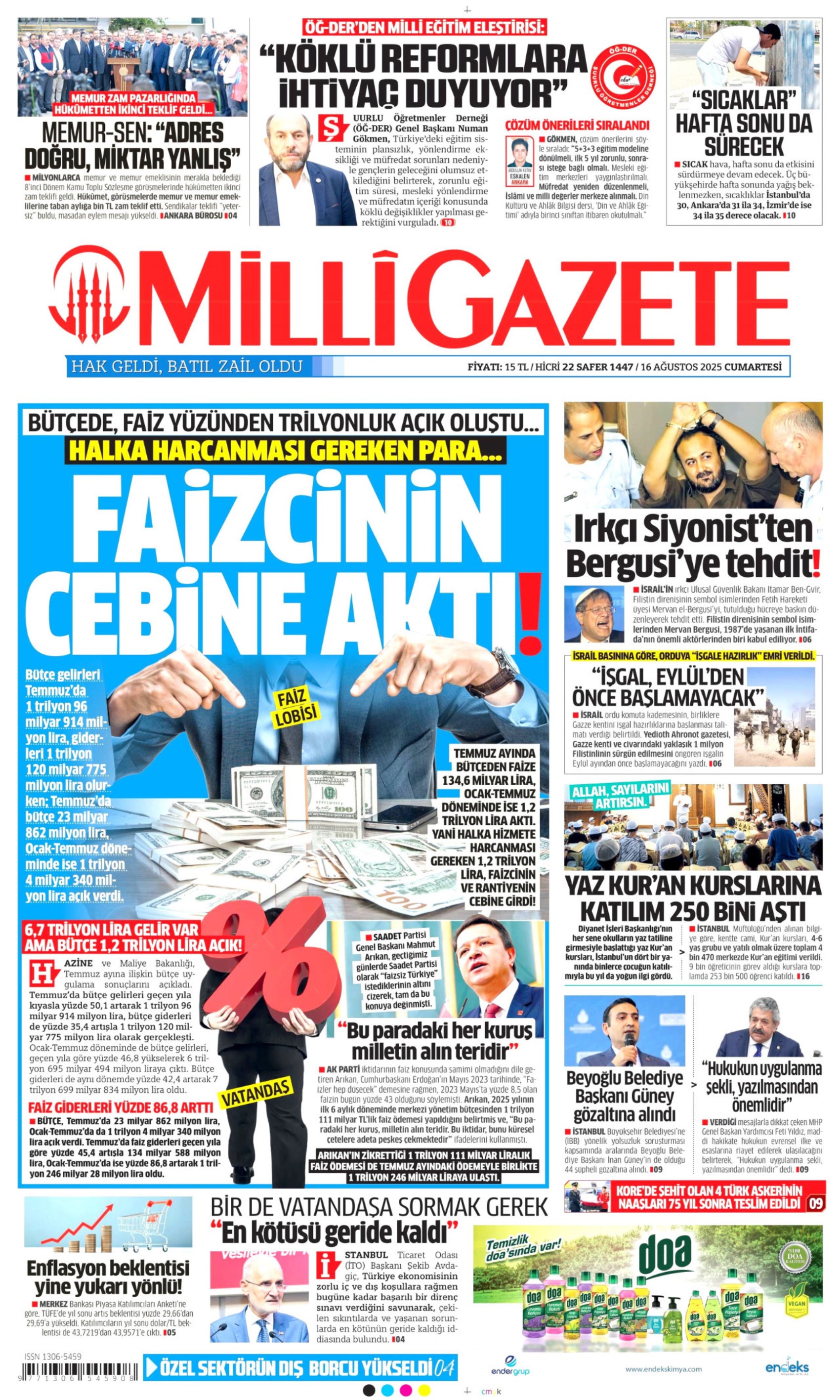 16 Ağustos 2025 gazete manşetleri