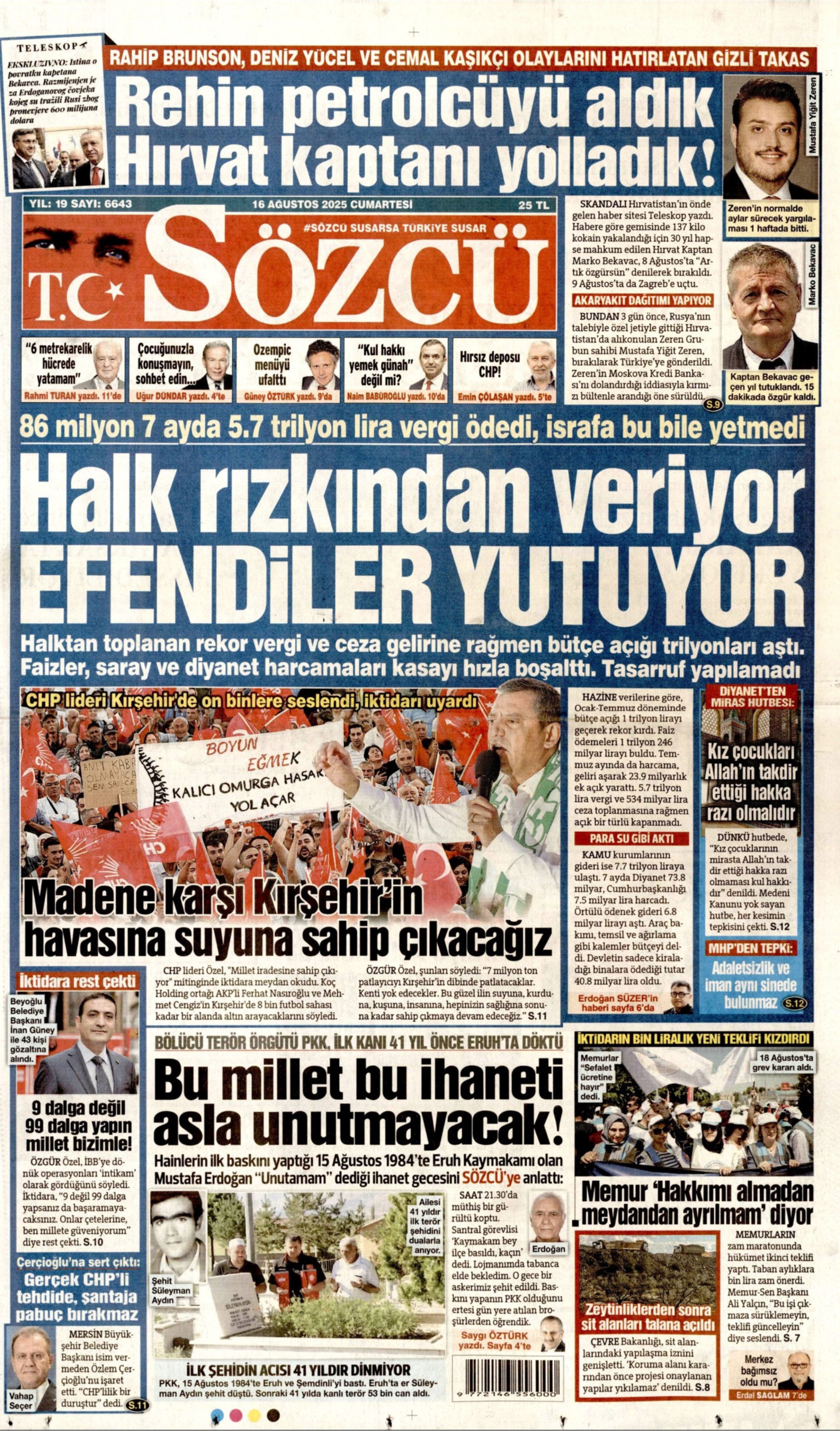 16 Ağustos 2025 gazete manşetleri