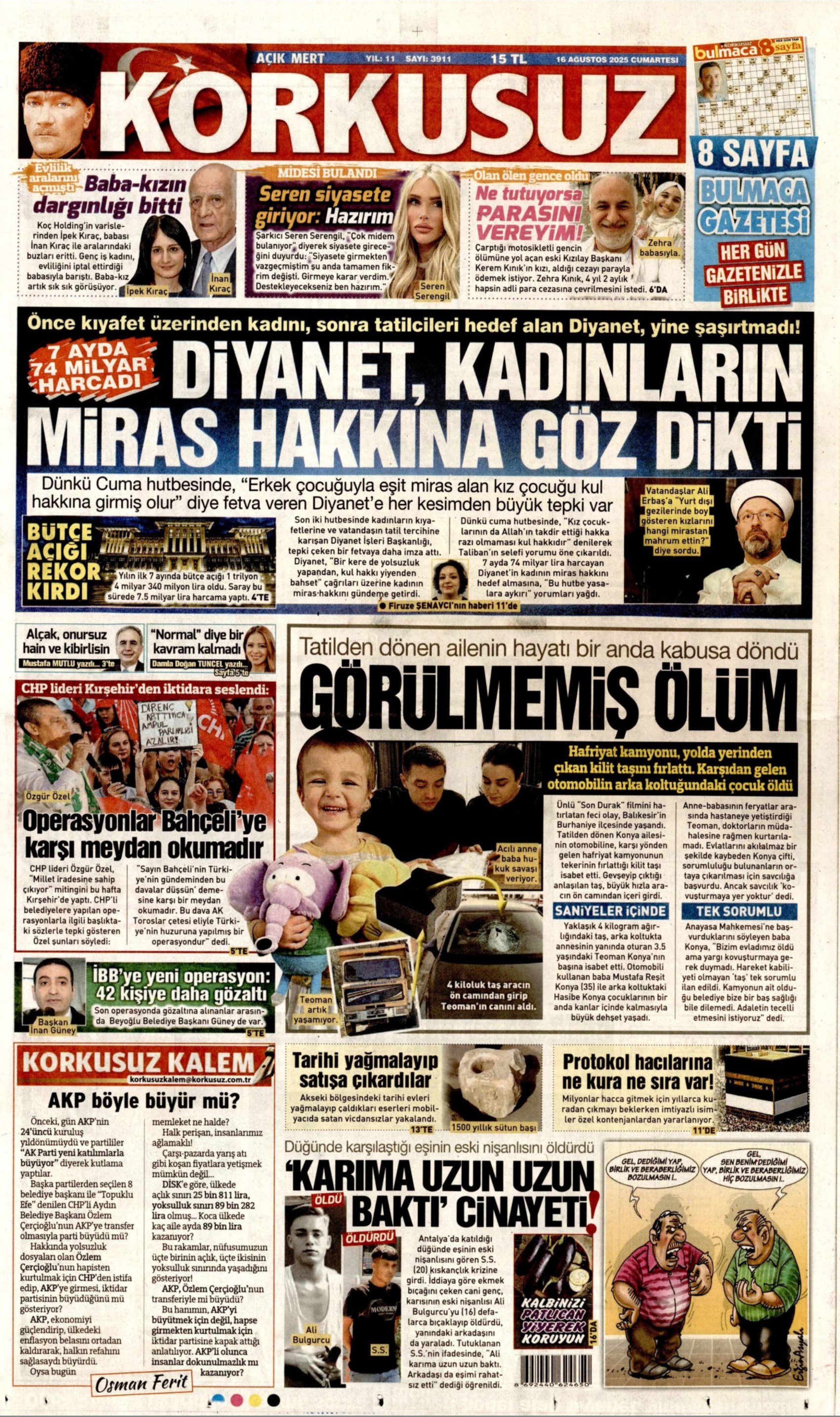 16 Ağustos 2025 gazete manşetleri