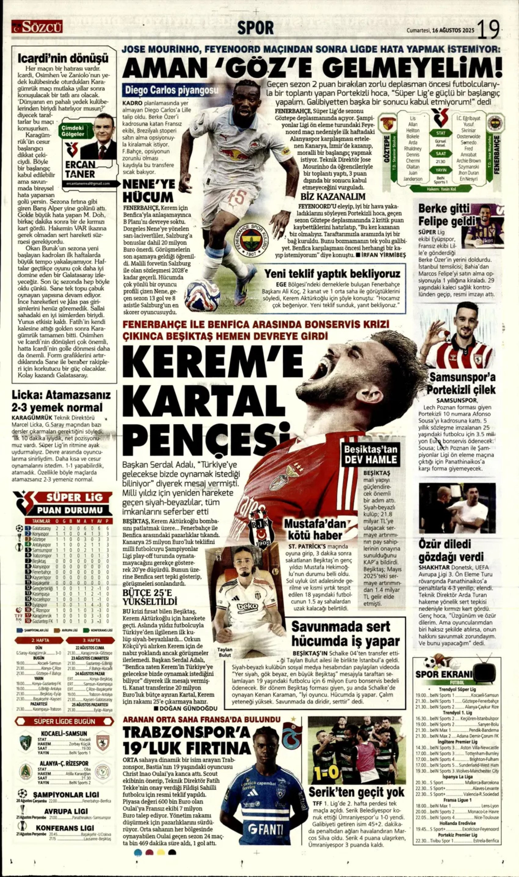 Sporda günün manşetleri: Kerem Aktürkoğlu'na 'Kartal' pençesi!
