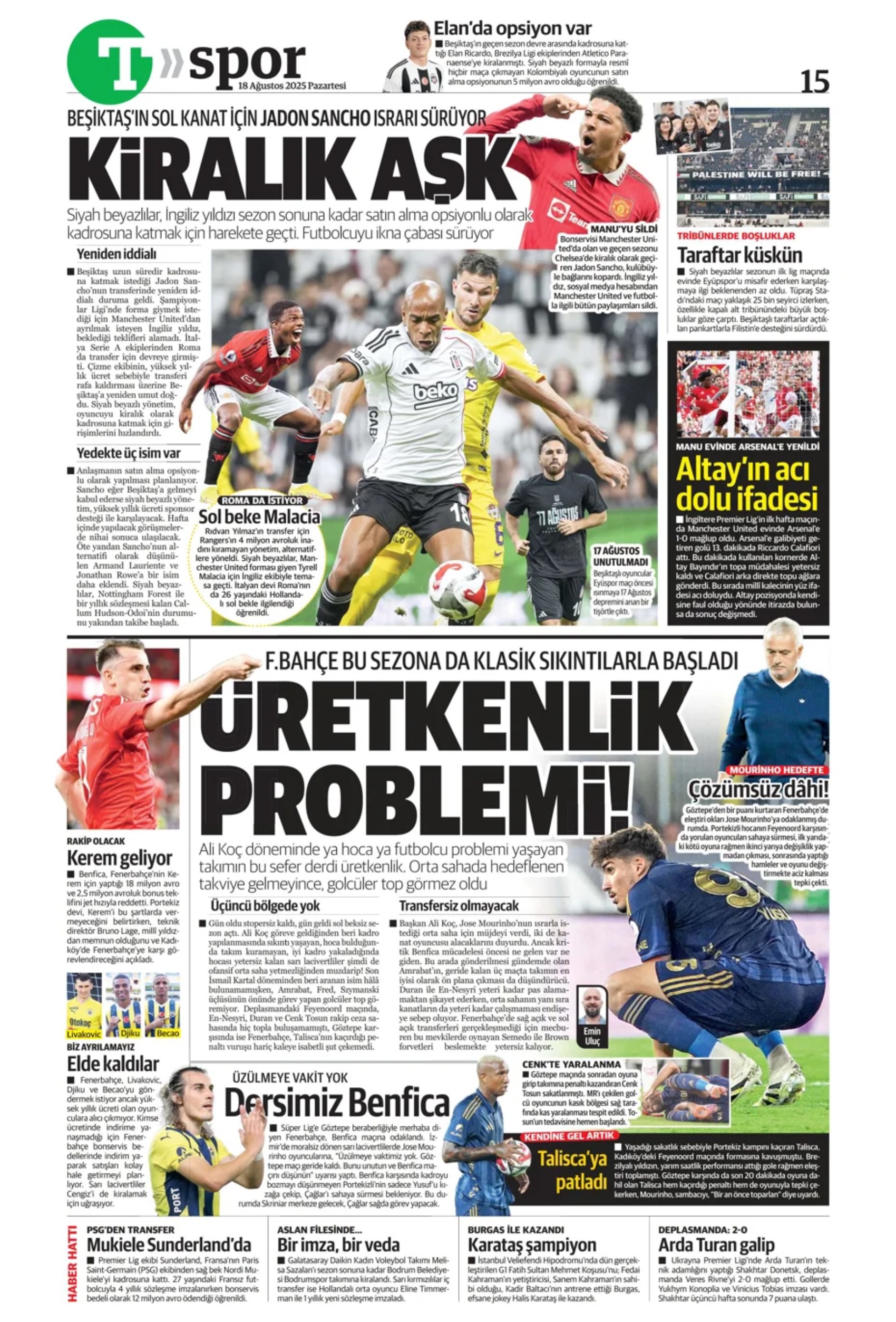 Sporda günün manşetleri: Fenerbahçe'de Palacios gündemi, Galatasaray'da Barış Alper'in alternatifi belli oldu!