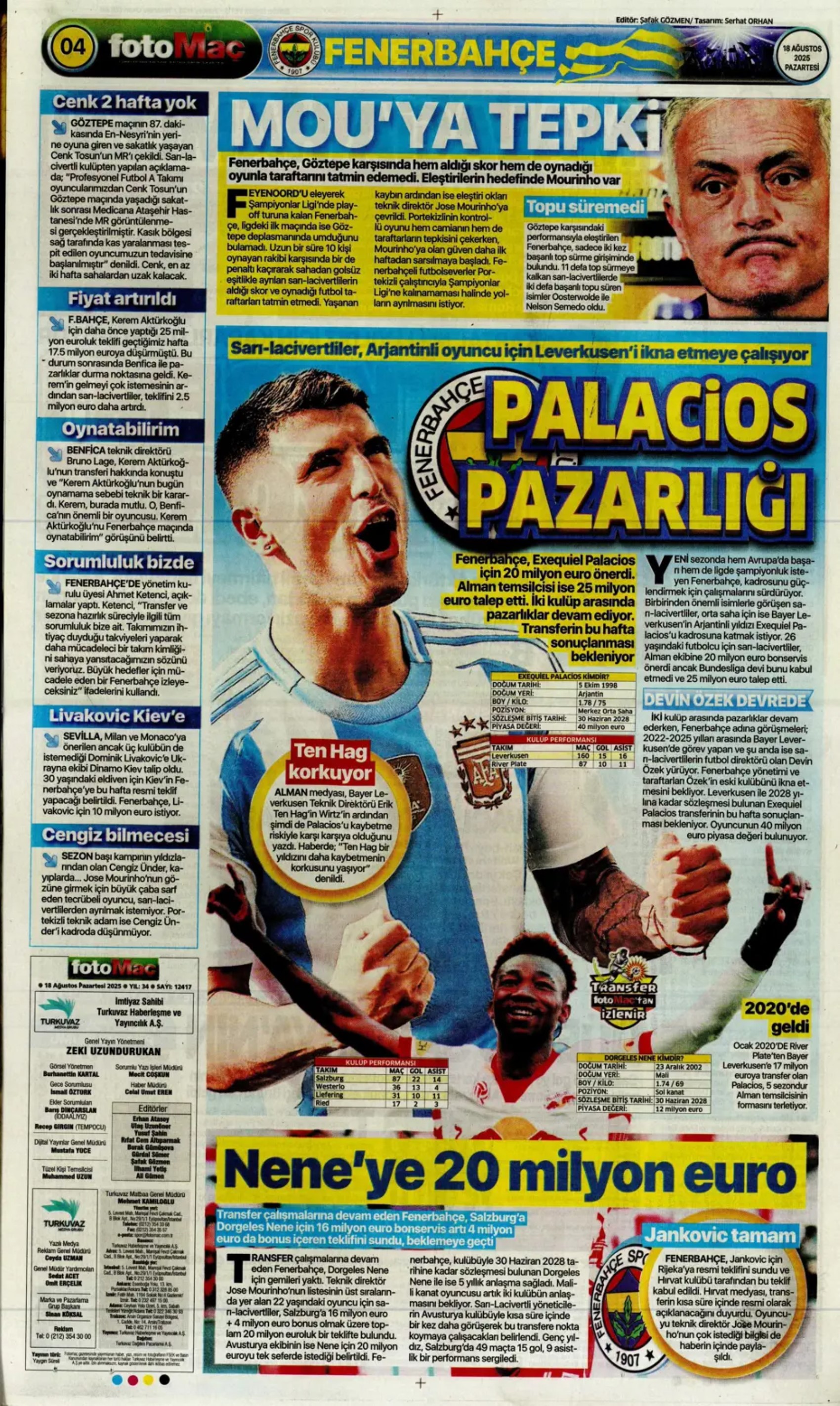 Sporda günün manşetleri: Fenerbahçe'de Palacios gündemi, Galatasaray'da Barış Alper'in alternatifi belli oldu!