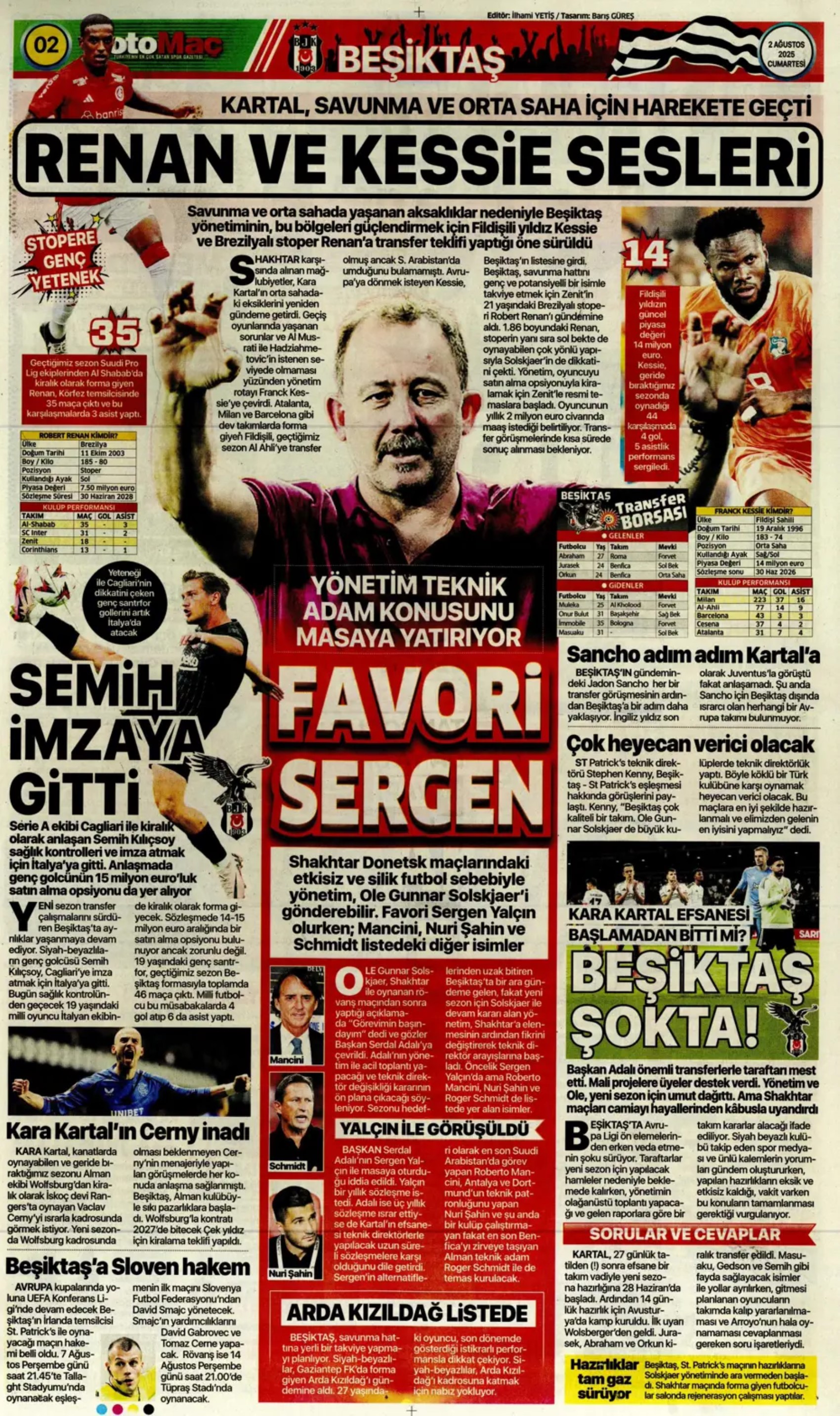 Sporda günün manşetleri: Beşiktaş'ta favori Sergen Yalçın
