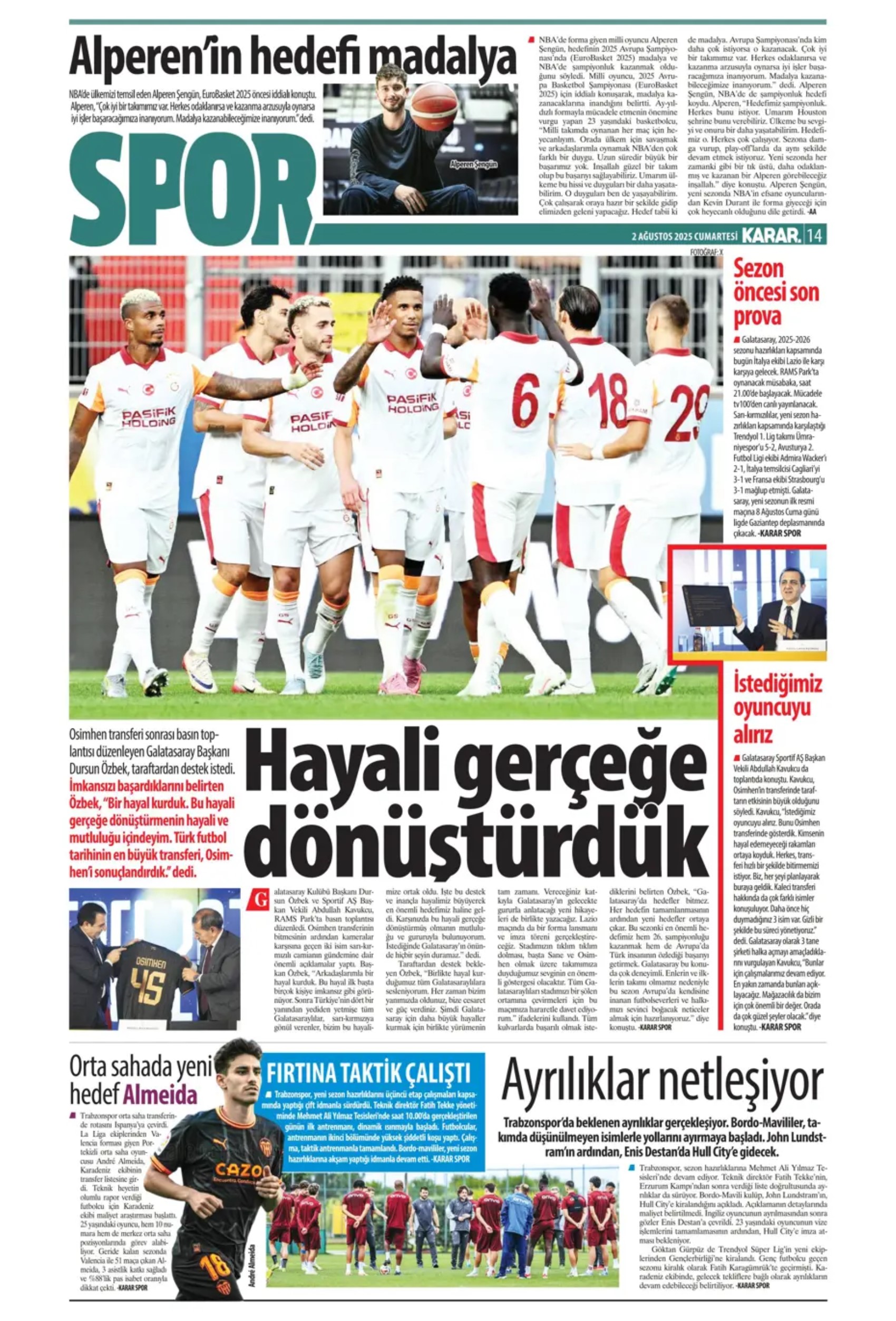 Sporda günün manşetleri: Beşiktaş'ta favori Sergen Yalçın