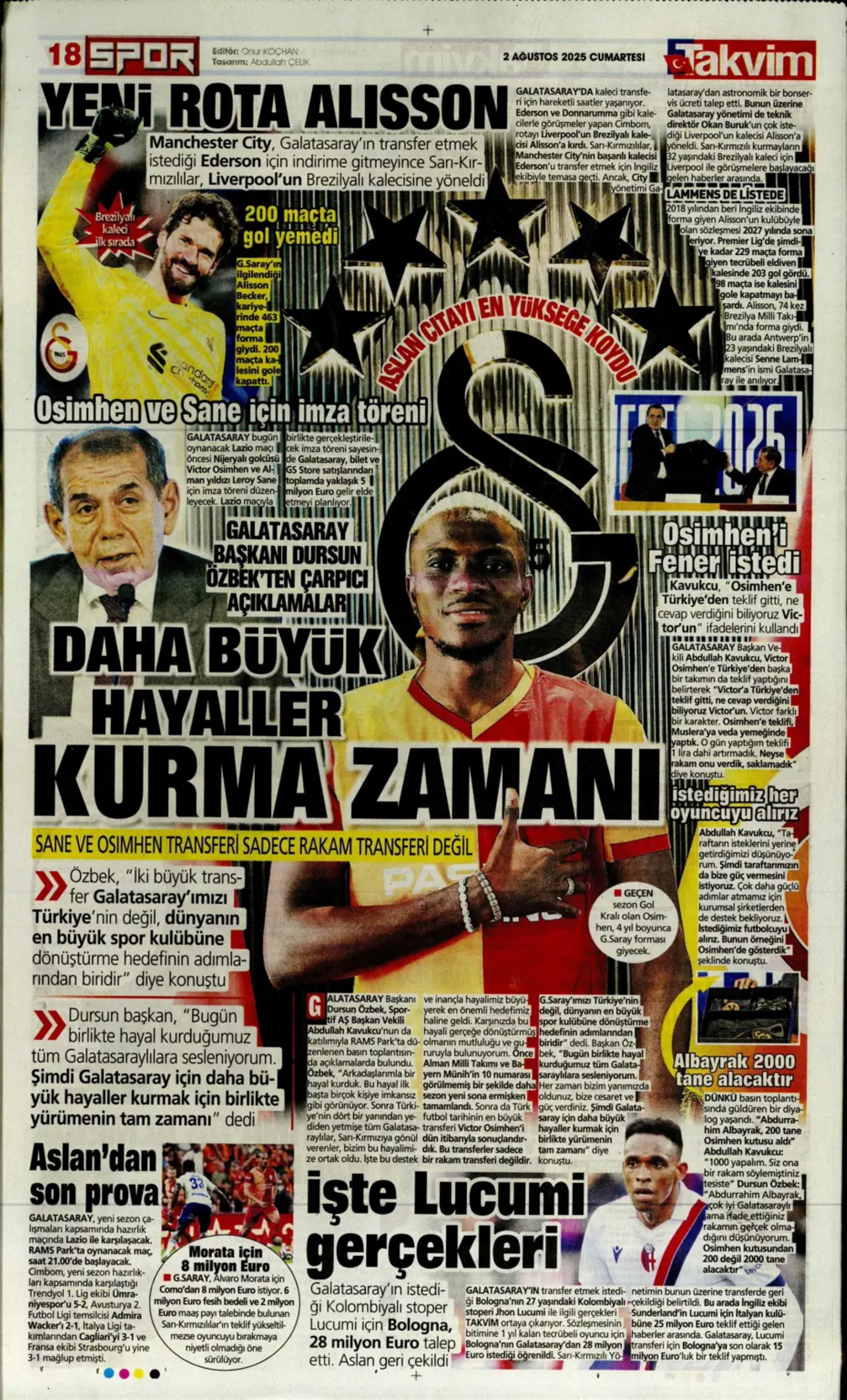 Sporda günün manşetleri: Beşiktaş'ta favori Sergen Yalçın