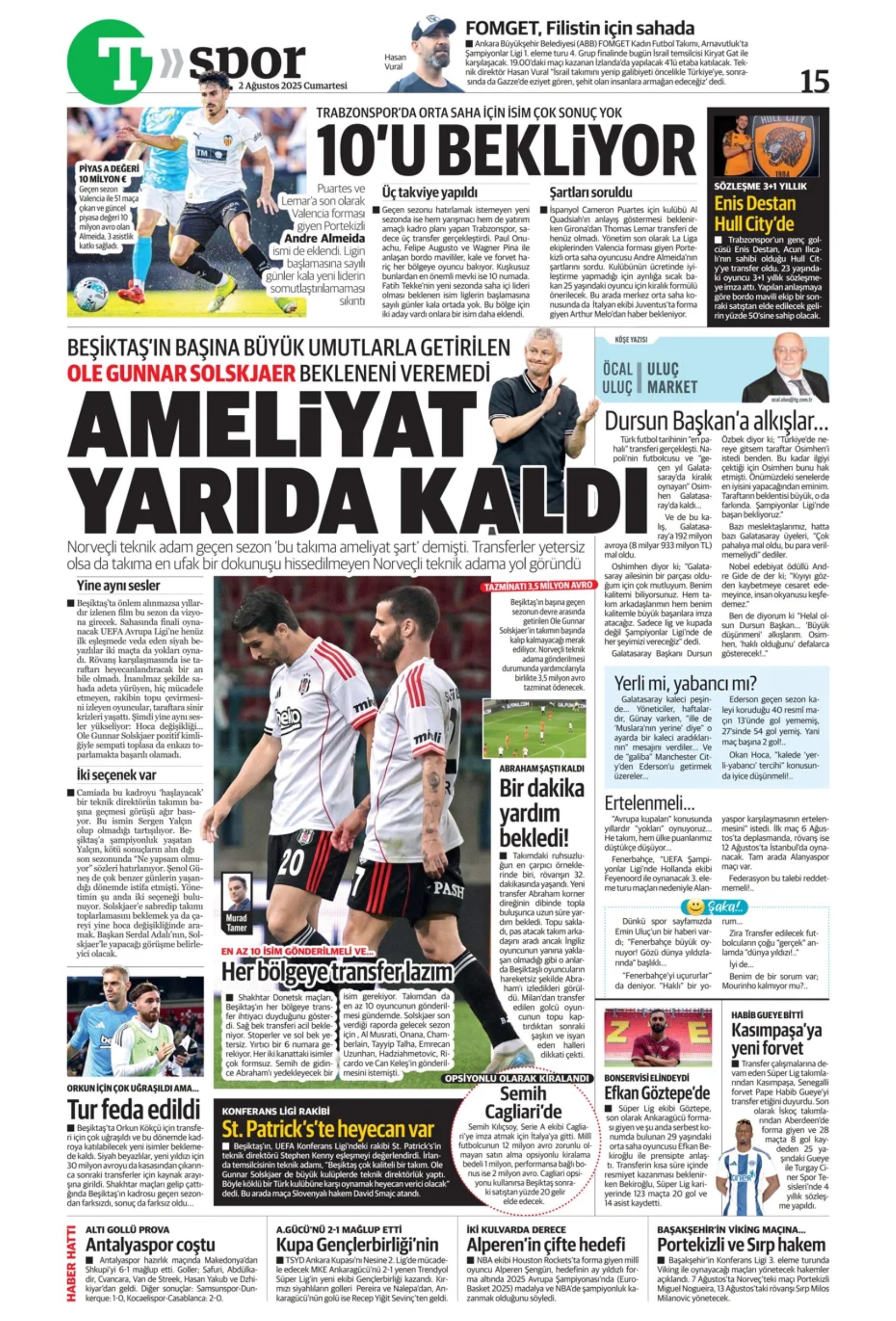 Sporda günün manşetleri: Beşiktaş'ta favori Sergen Yalçın