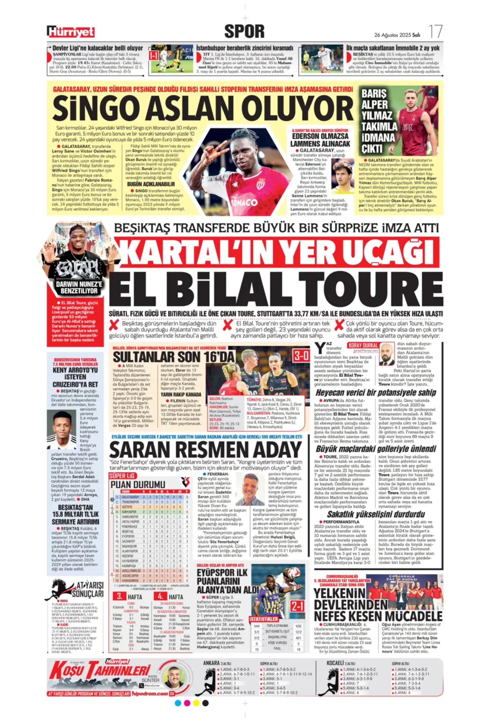 Sporda günün manşetleri... Galatasaray transferde atağa kalktı: Aslan, Singo transferini bitiriyor