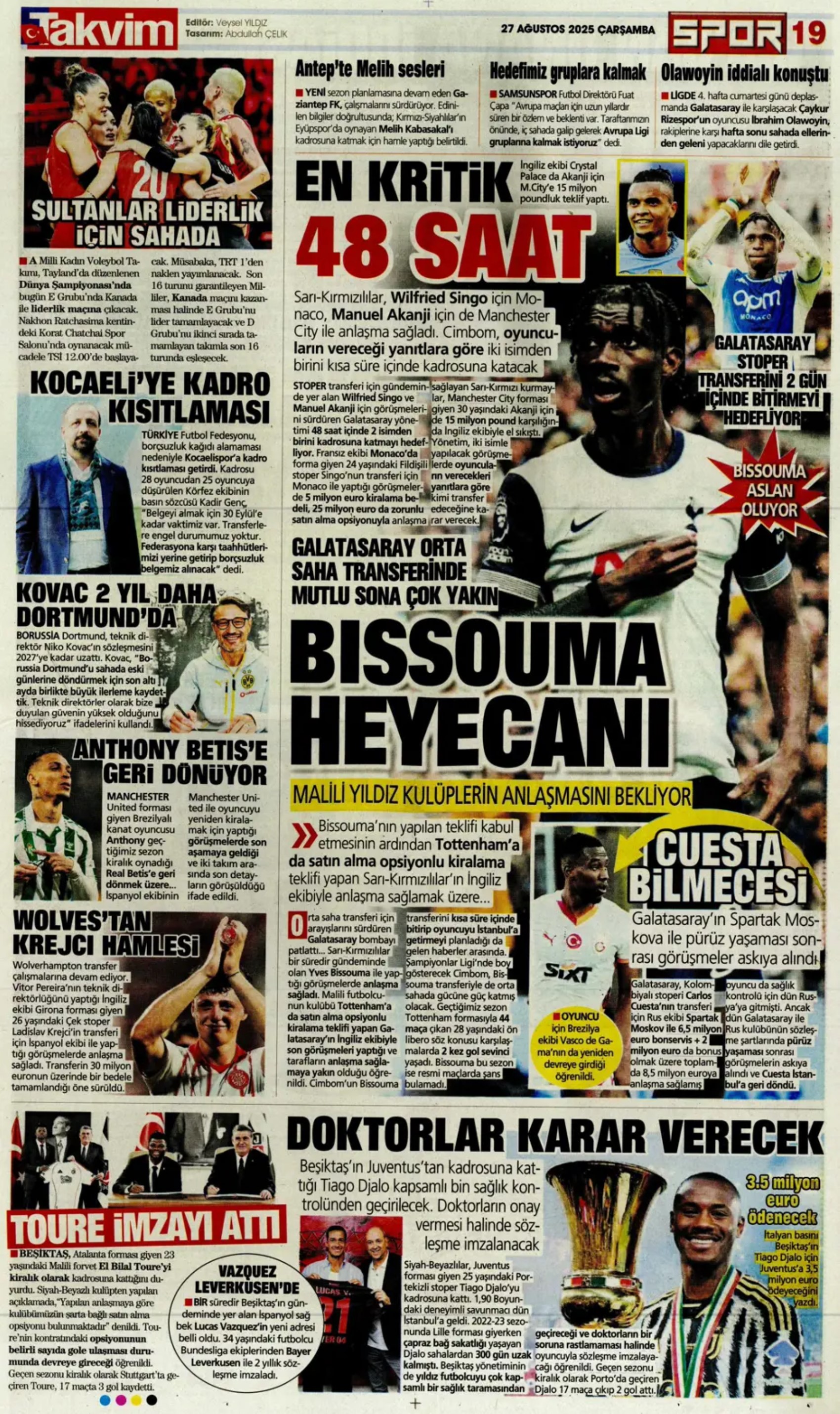 Sporda günün manşetleri... Fenerbahçe'nin liste başını Galatasaray alıyor