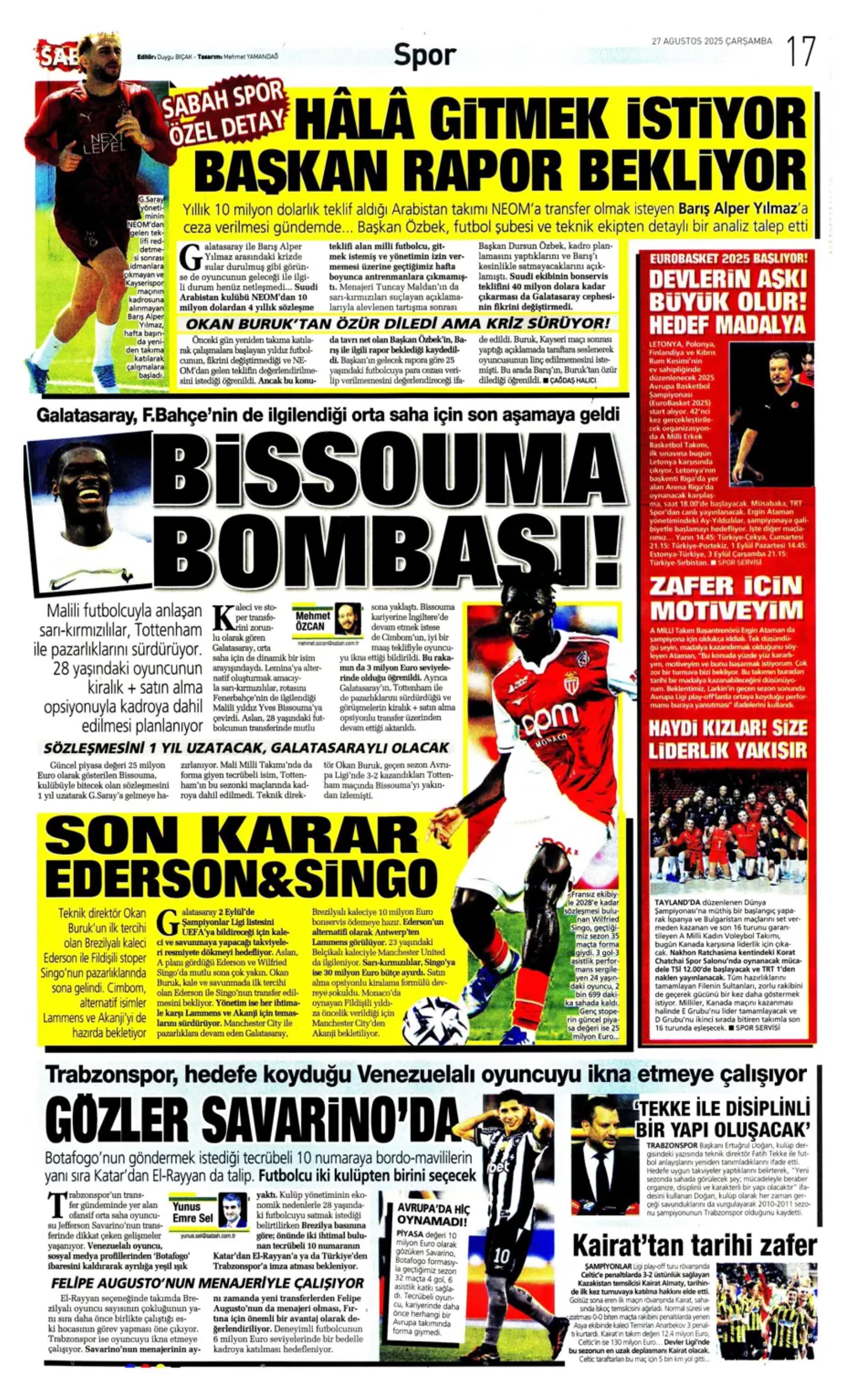 Sporda günün manşetleri... Fenerbahçe'nin liste başını Galatasaray alıyor