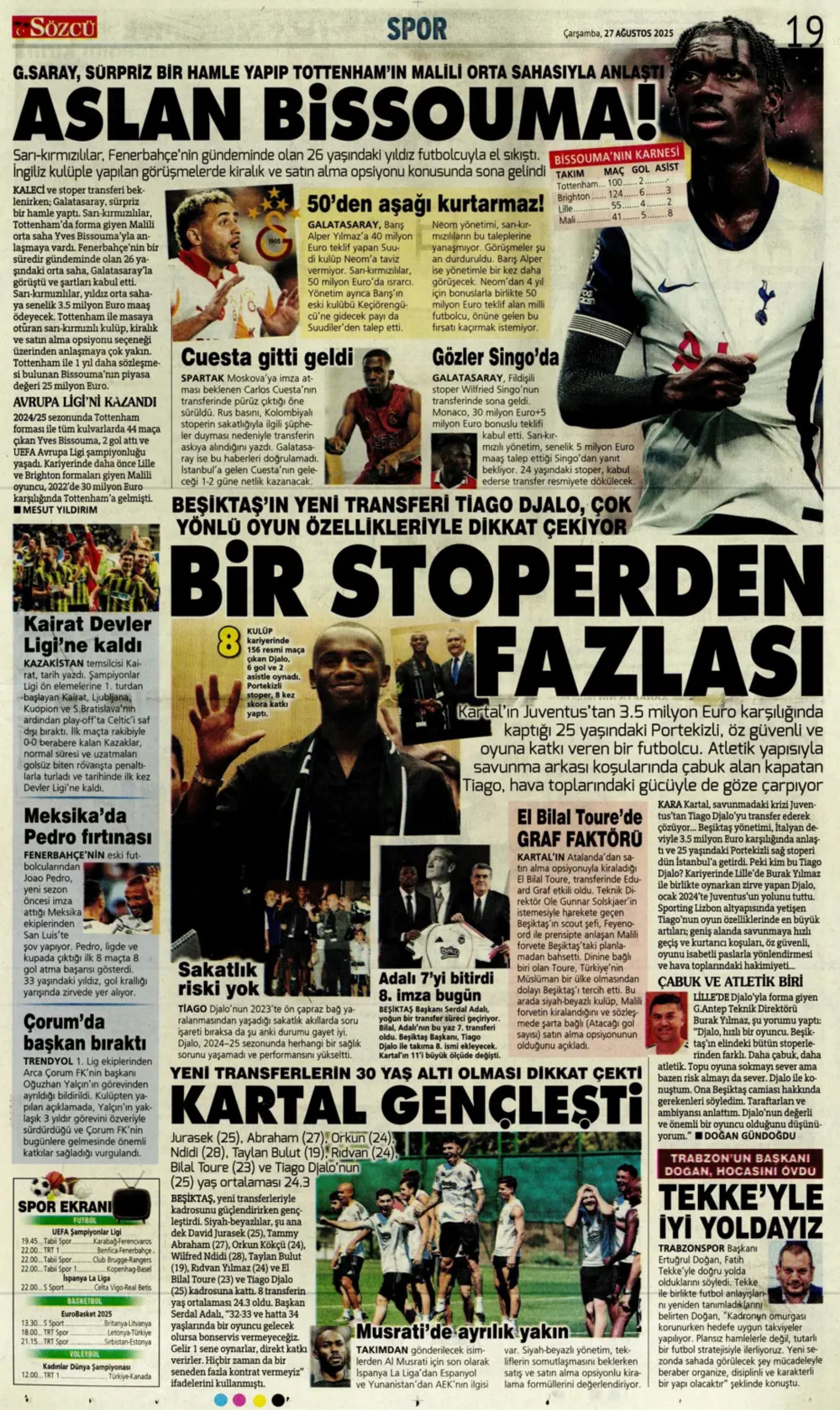 Sporda günün manşetleri... Fenerbahçe'nin liste başını Galatasaray alıyor