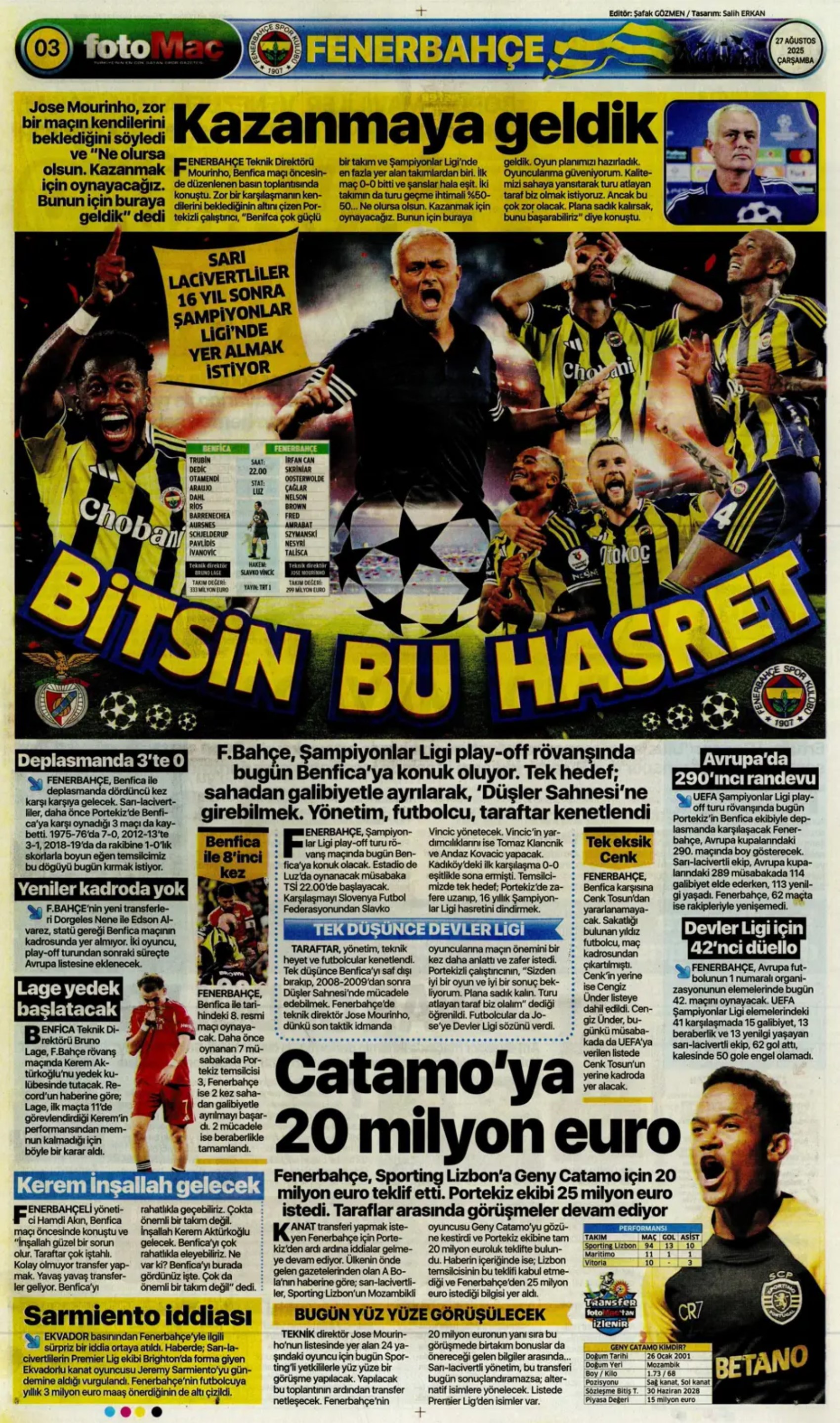 Sporda günün manşetleri... Fenerbahçe'nin liste başını Galatasaray alıyor