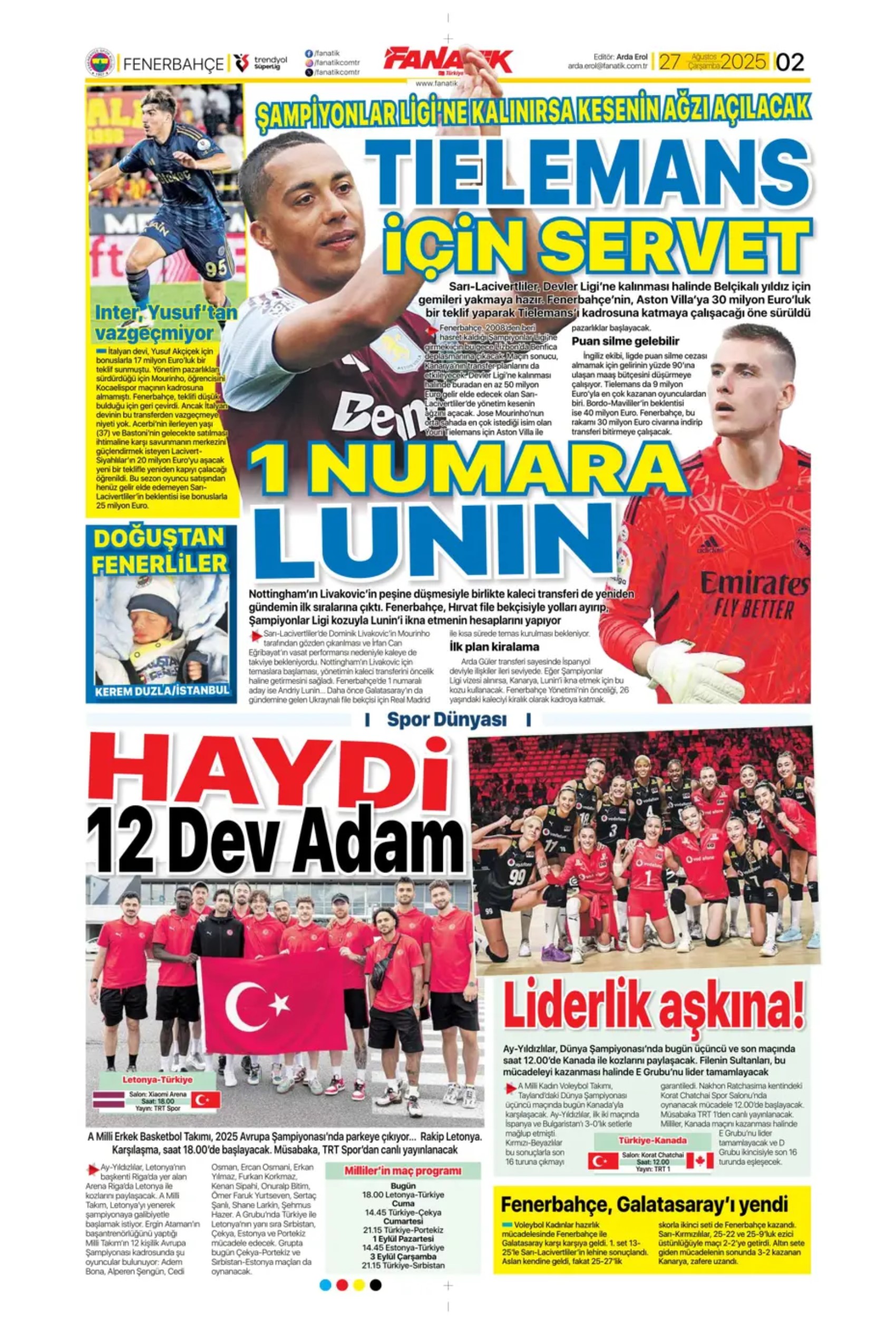 Sporda günün manşetleri... Fenerbahçe'nin liste başını Galatasaray alıyor