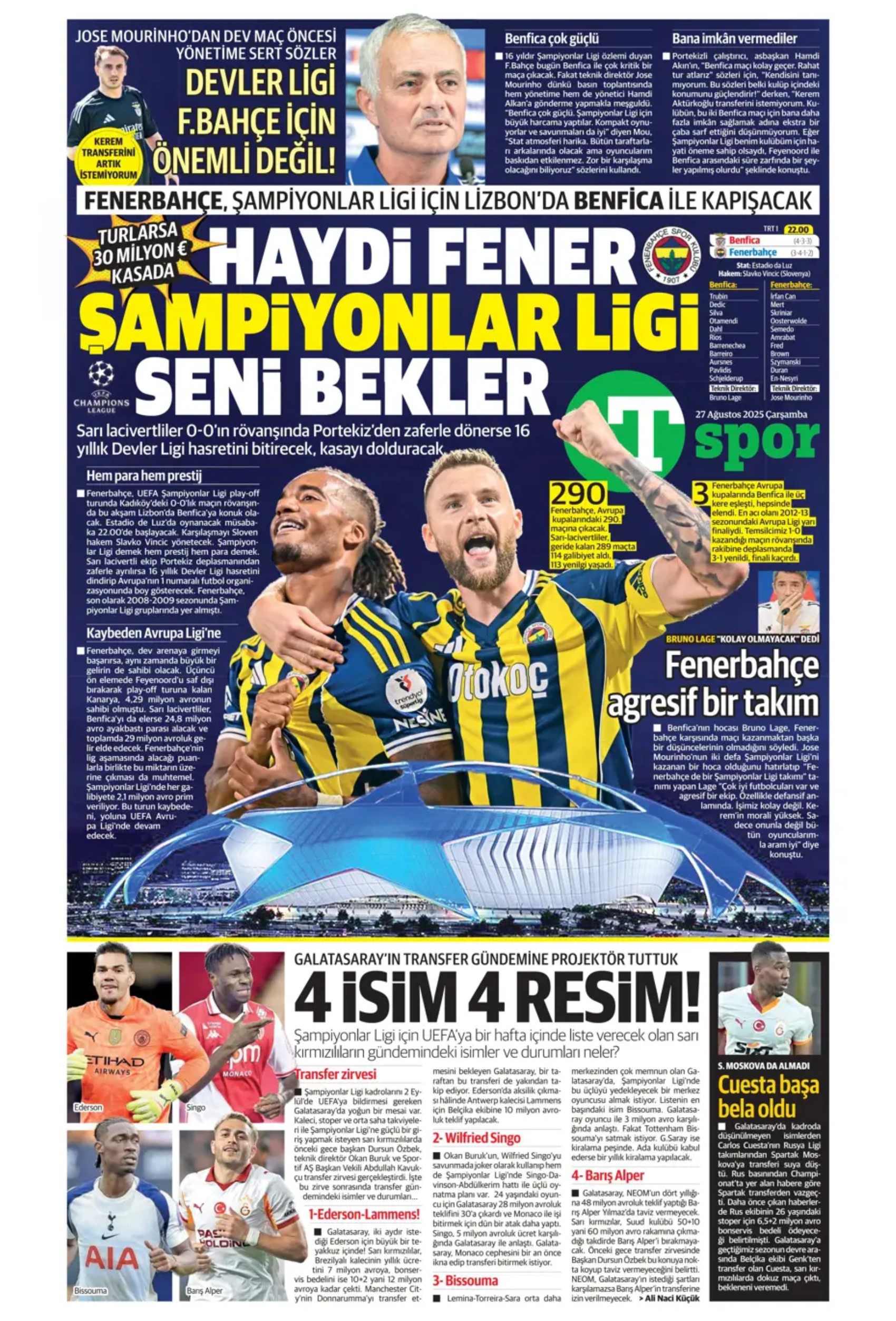 Sporda günün manşetleri... Fenerbahçe'nin liste başını Galatasaray alıyor