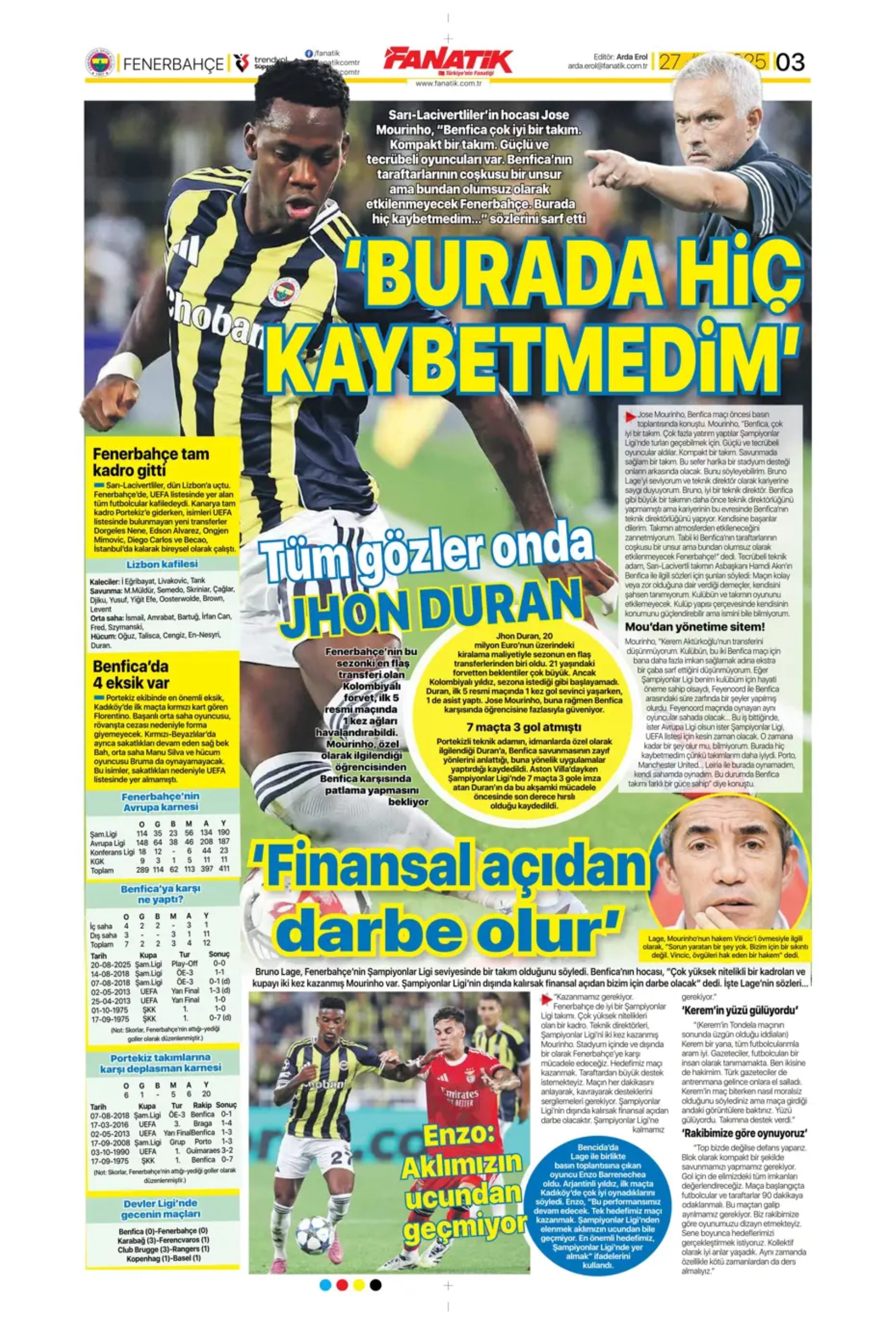 Sporda günün manşetleri... Fenerbahçe'nin liste başını Galatasaray alıyor