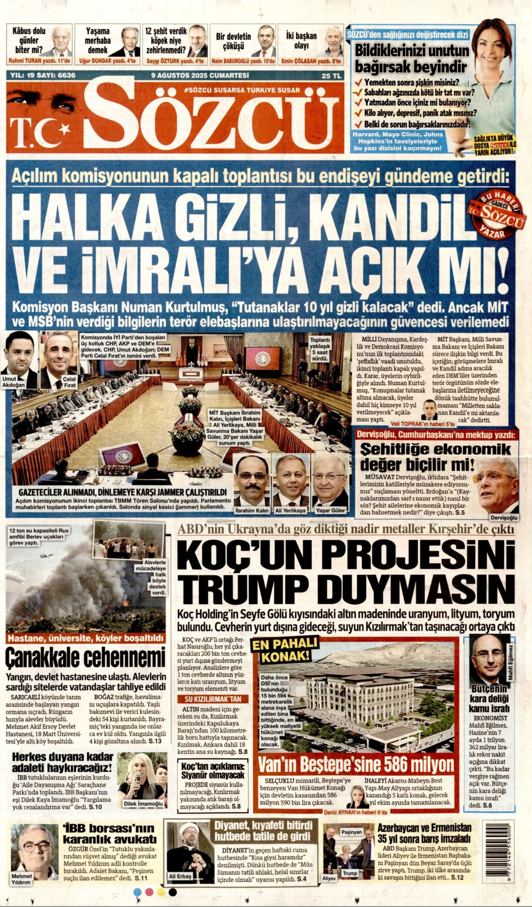 9 Ağustos 2025 gazete manşetleri: Gazeteler açılım komisyonunun 'gizlilik' kararını nasıl gördü?