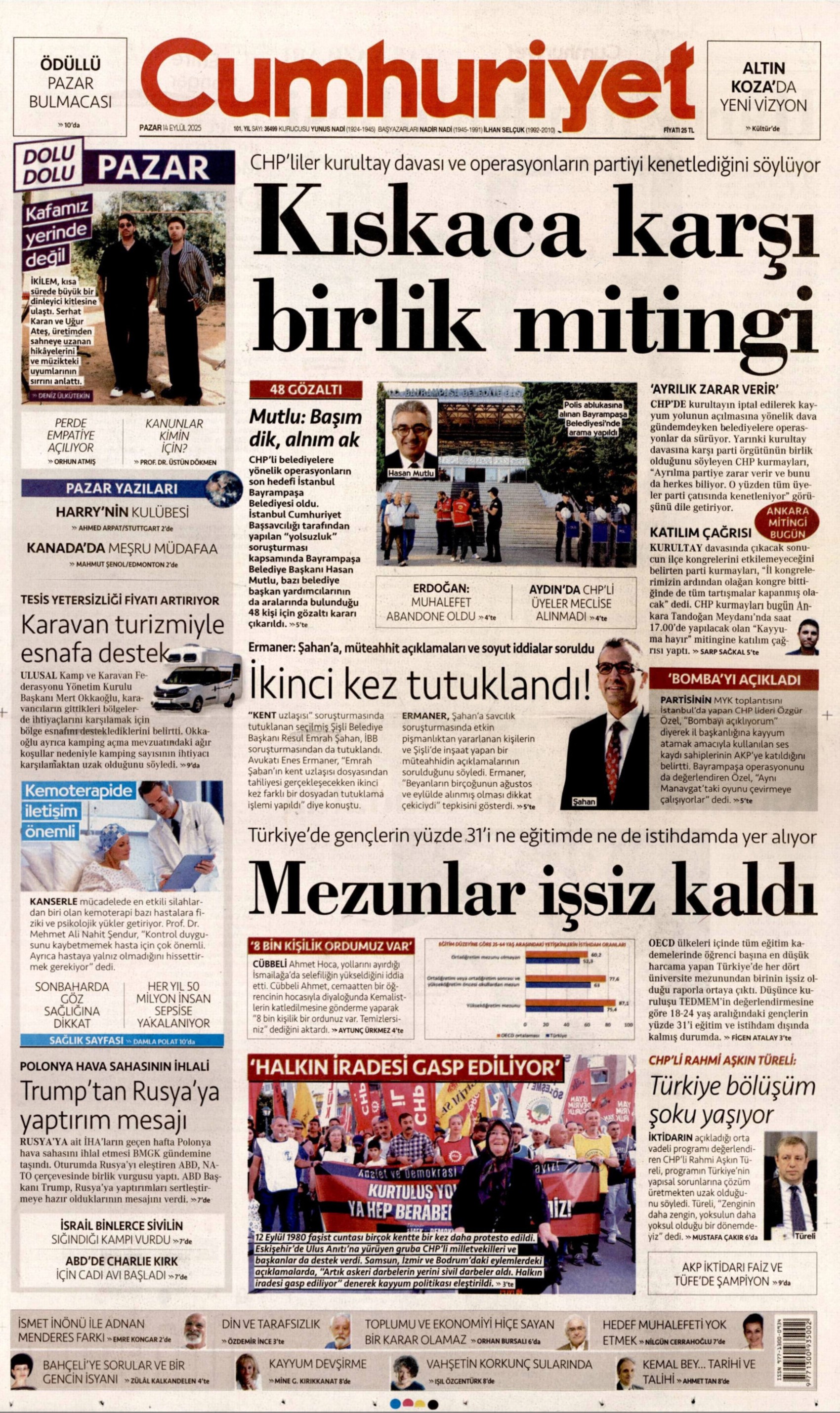 14 Eylül 2025 gazete manşetleri: Gazeteler, Bayrampaşa Belediyesi'ne operasyonu nasıl gördü?
