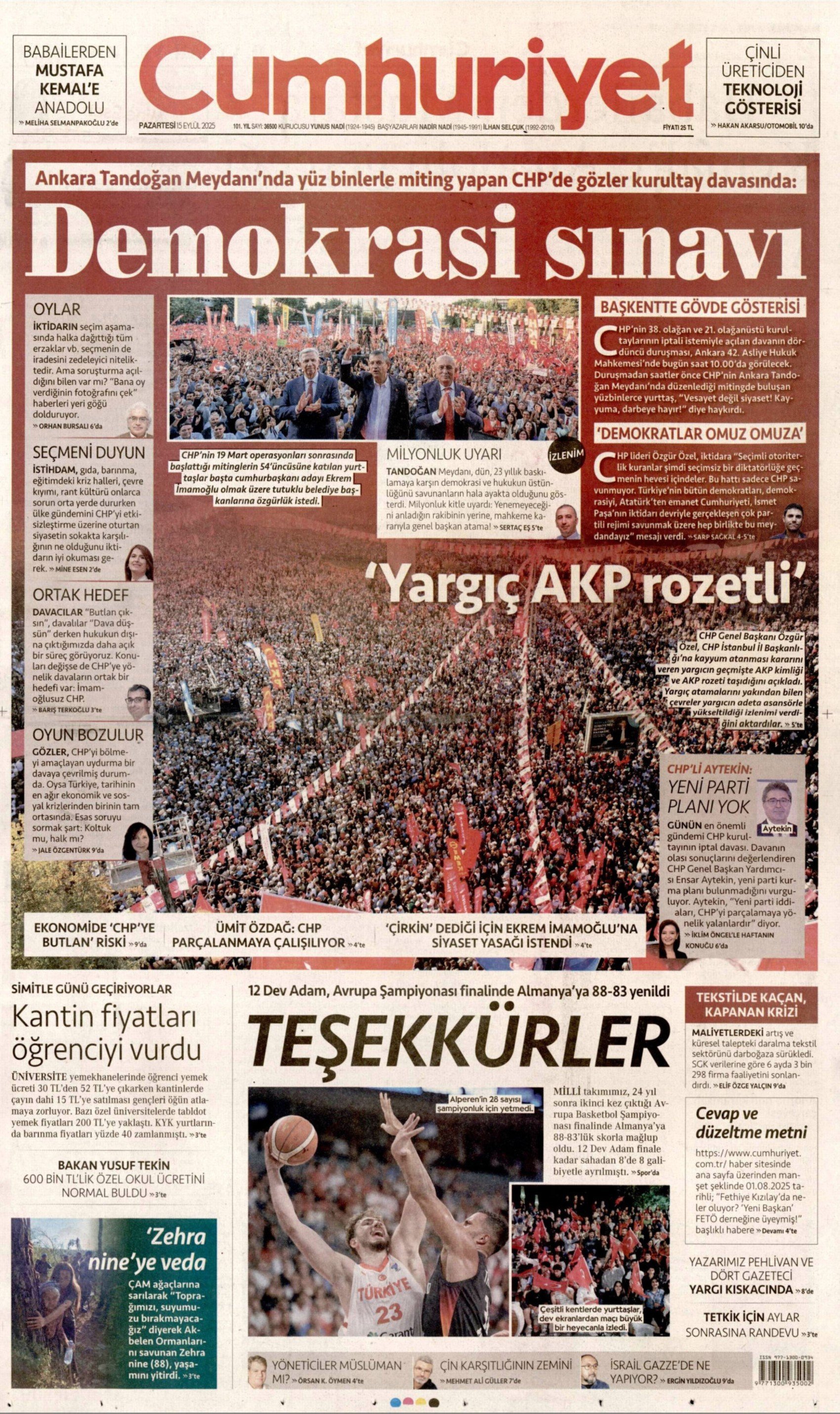 CHP'de kritik gün: Gazeteler kurultay davasını nasıl gördü? (15 Eylül 2025 gazete manşetleri)